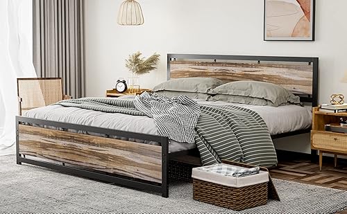 Miniatura 3 de IKIFLY Marco de cama de metal tamaño California King, plataforma industrial Cal King con cabecero de madera, soporte de listones de acero