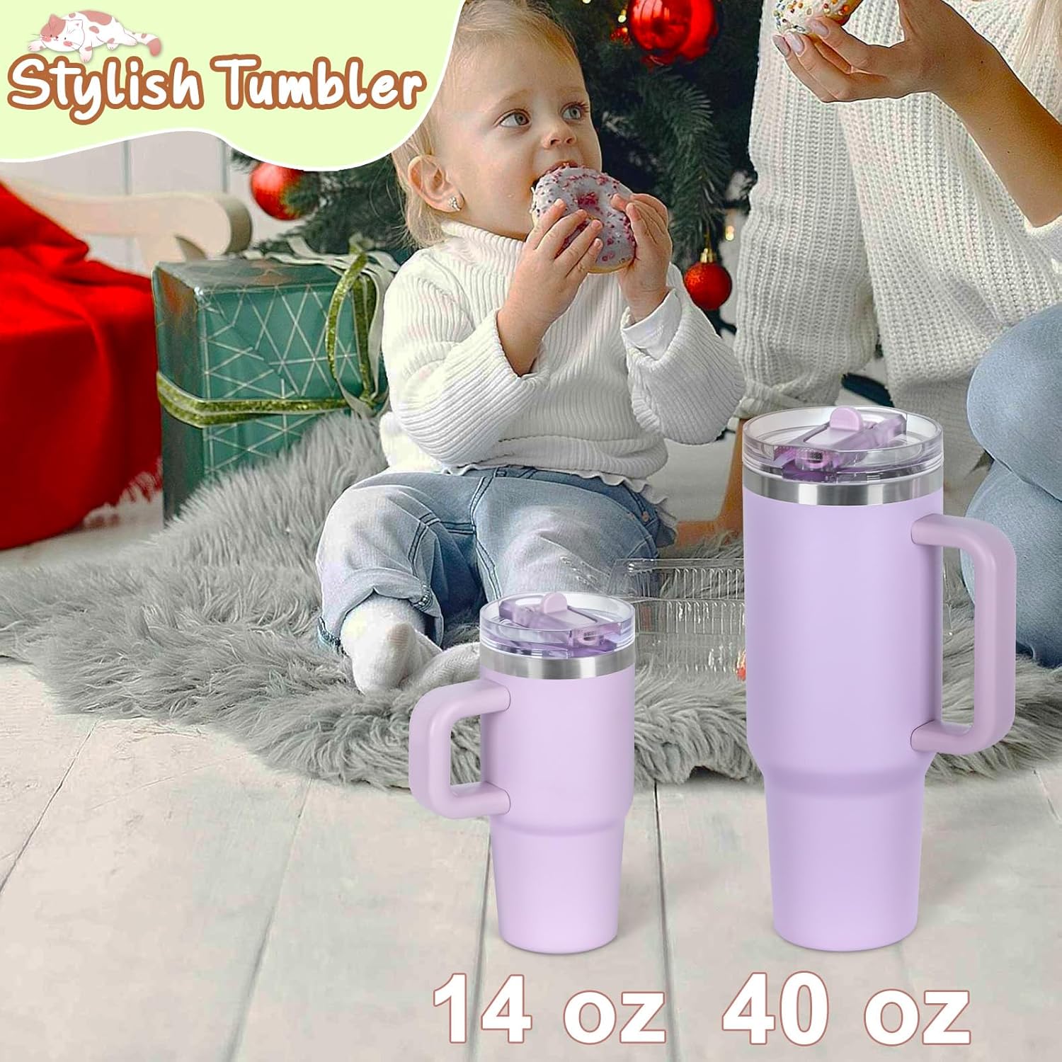 Cosictic 14 Oz Flip Straw Tumbler with Handle for Kids, Stainless Steel Double Wall Insulated Cup for Children with Flip Top Lid, 14 Oz Leak-proof Cups for Kids, Purple - Image 6