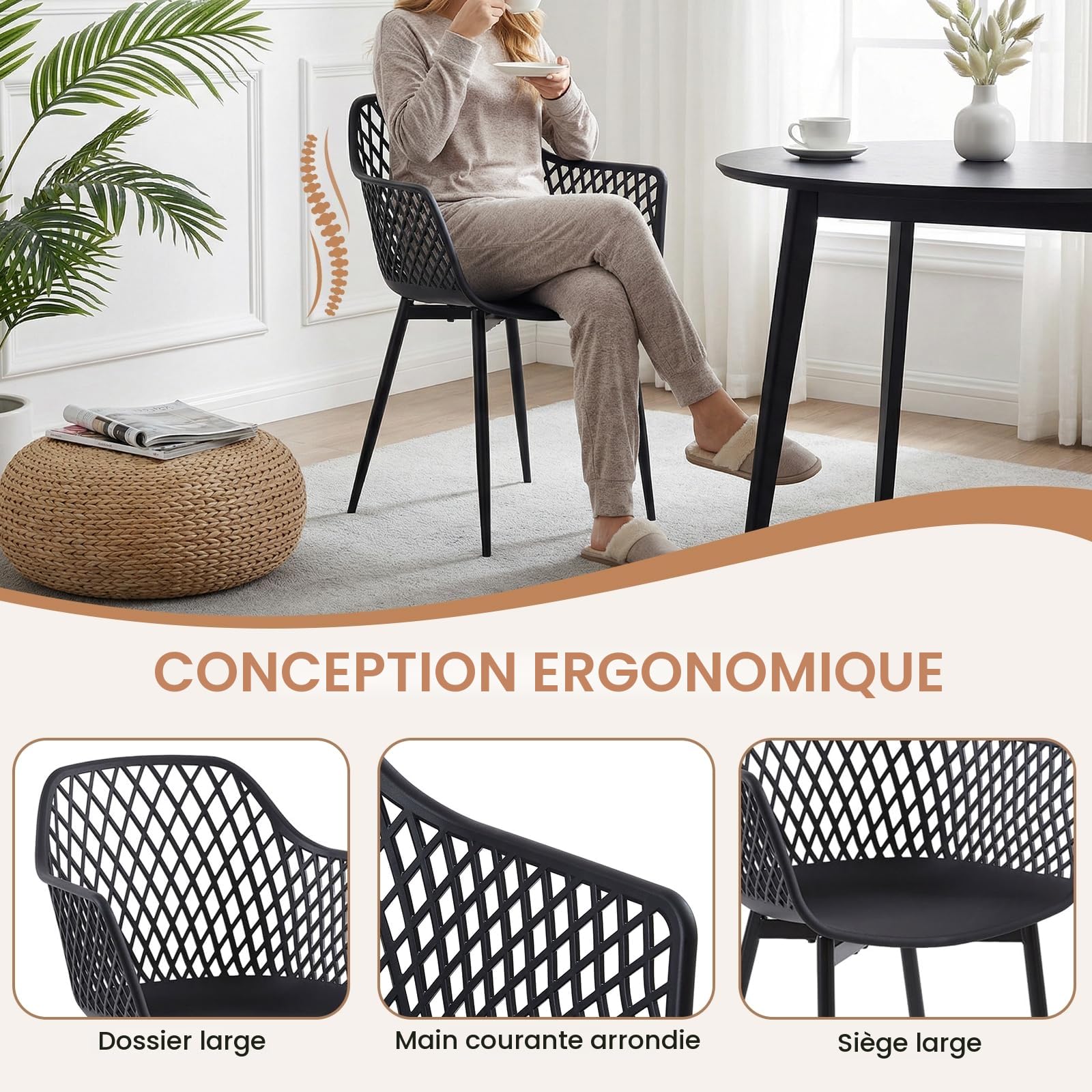 buybyroom Chaise Salle a Manger Lot de 4, Chaise Ergonomique, Chaise de Cuisine avec Accoudoir, Convient pour la Salle à Manger, Le Salon, la Cuisine et la Chambre, Noir
