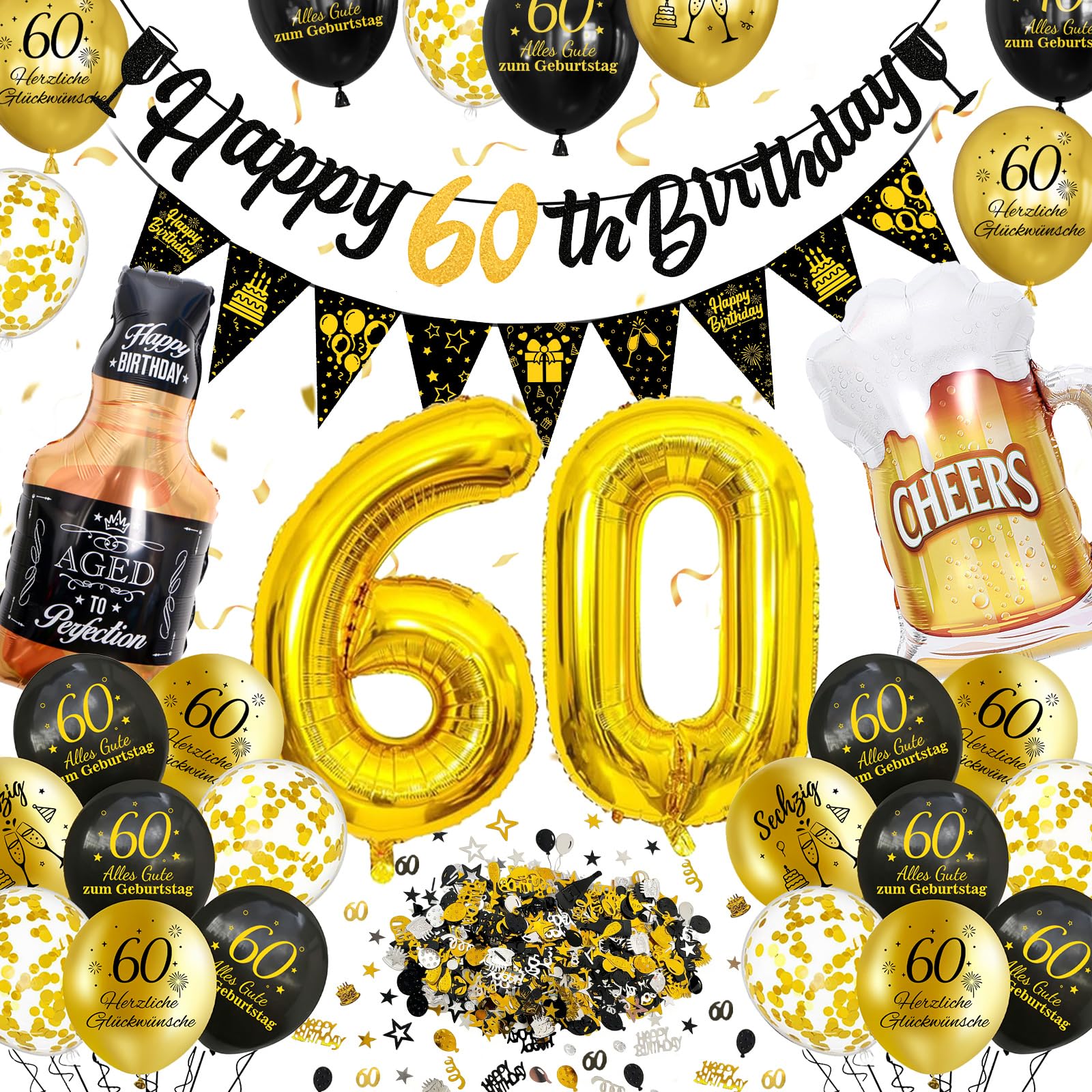 60 Geburtstag Frau Mann, Deko 60 Geburtstag, Happy Birthday Geburtstagdeko mit Banner, Konfetti Ballons, Nummer 60 Folienballons, Schwarz Gold Luftballons
