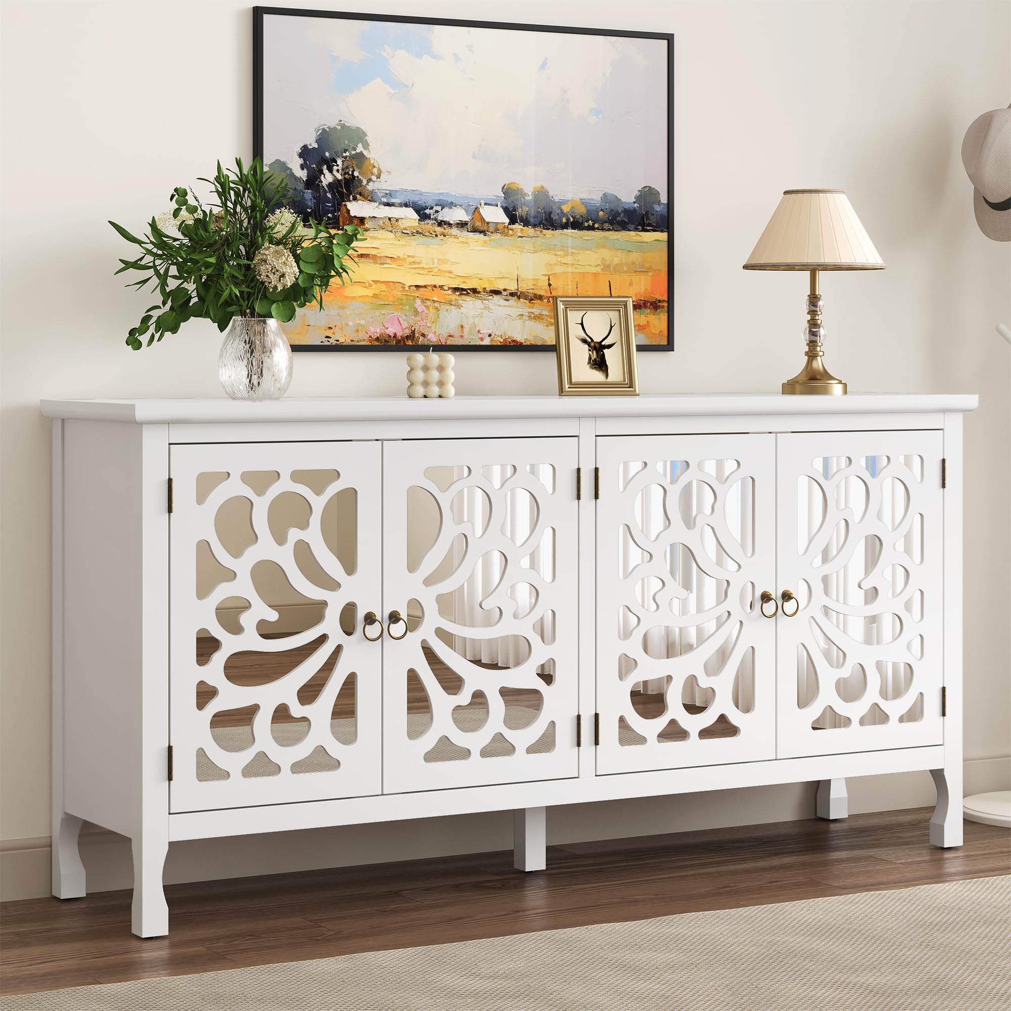 RoyalCraft 63'' Buffet Cabinet with Mirror Butterfly Carved Door, Sideboard Cabinet with Adjustable Shelves, Vintage Accent Credenza Media Console for