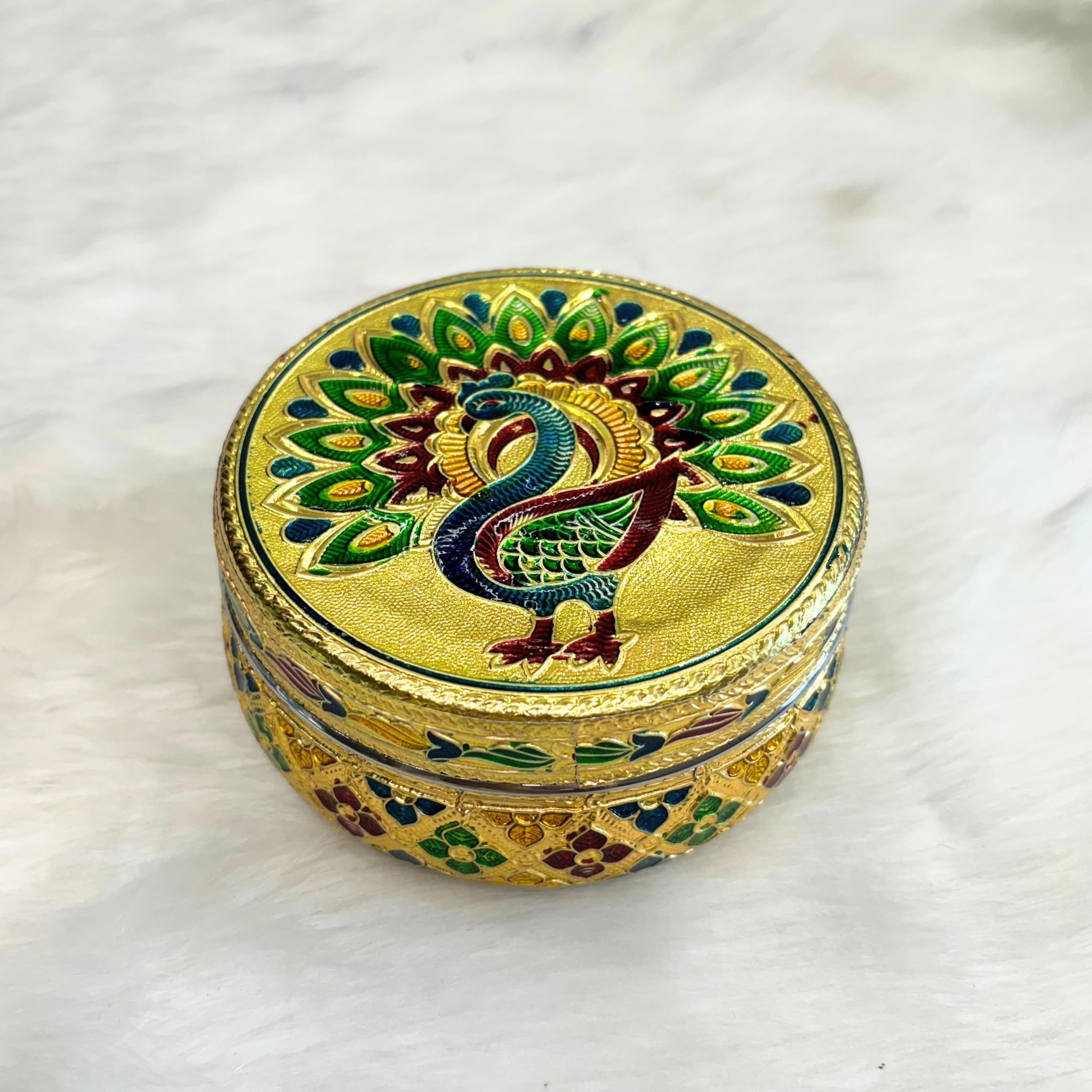 NAVRANG Steel Container Box Meenakari Storage Box Golden Colour Peacock Design Pack Of 1 (10.5 x 10.5 x 5.5 Centimetre)