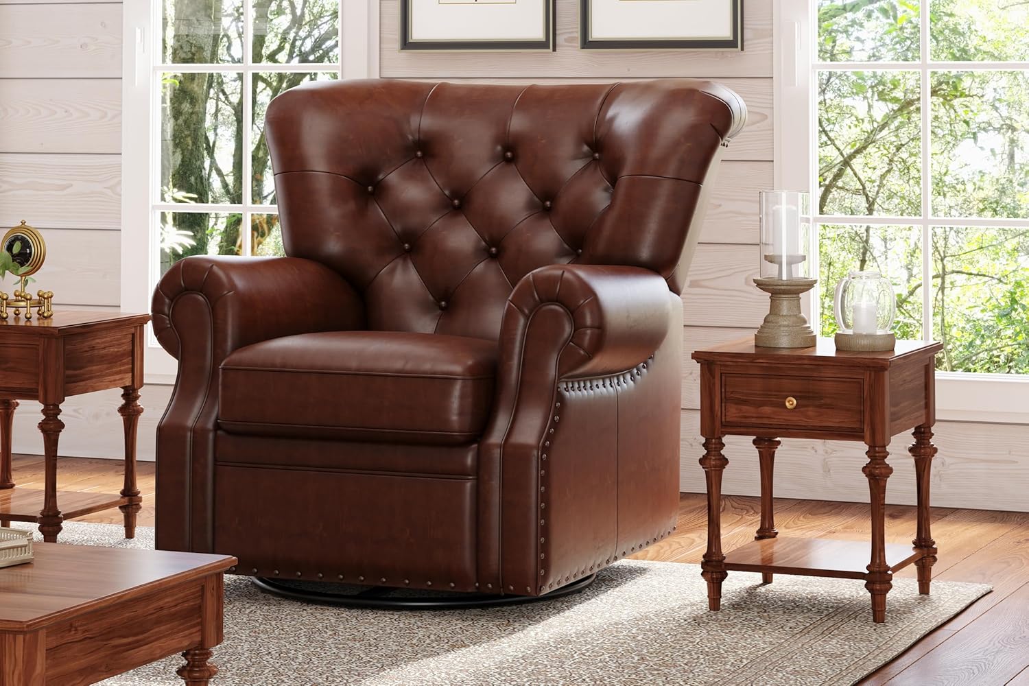 Valencia Liam Swivel Manual Recliner Chair, Mid-Century Modern Full-Aniline Leather Upholstery, 360° Swivel & Roll Arm, Space-Saving Design for Living Room or Office (Dark Chocolate)