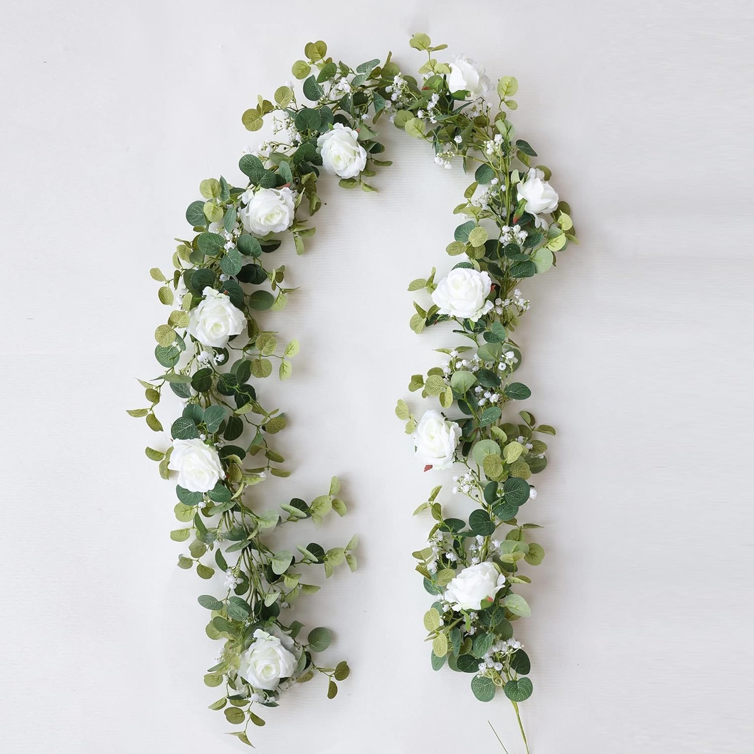 Anna's Whimsy 2PCS 5.91FT Artificial Eucalyptus Garland with Flowers, Fake Rose Gypsophila Garland, Faux Floral Greenery Garlands for Wedding Spring Home Party Table Runner Decor（White） - Image 8