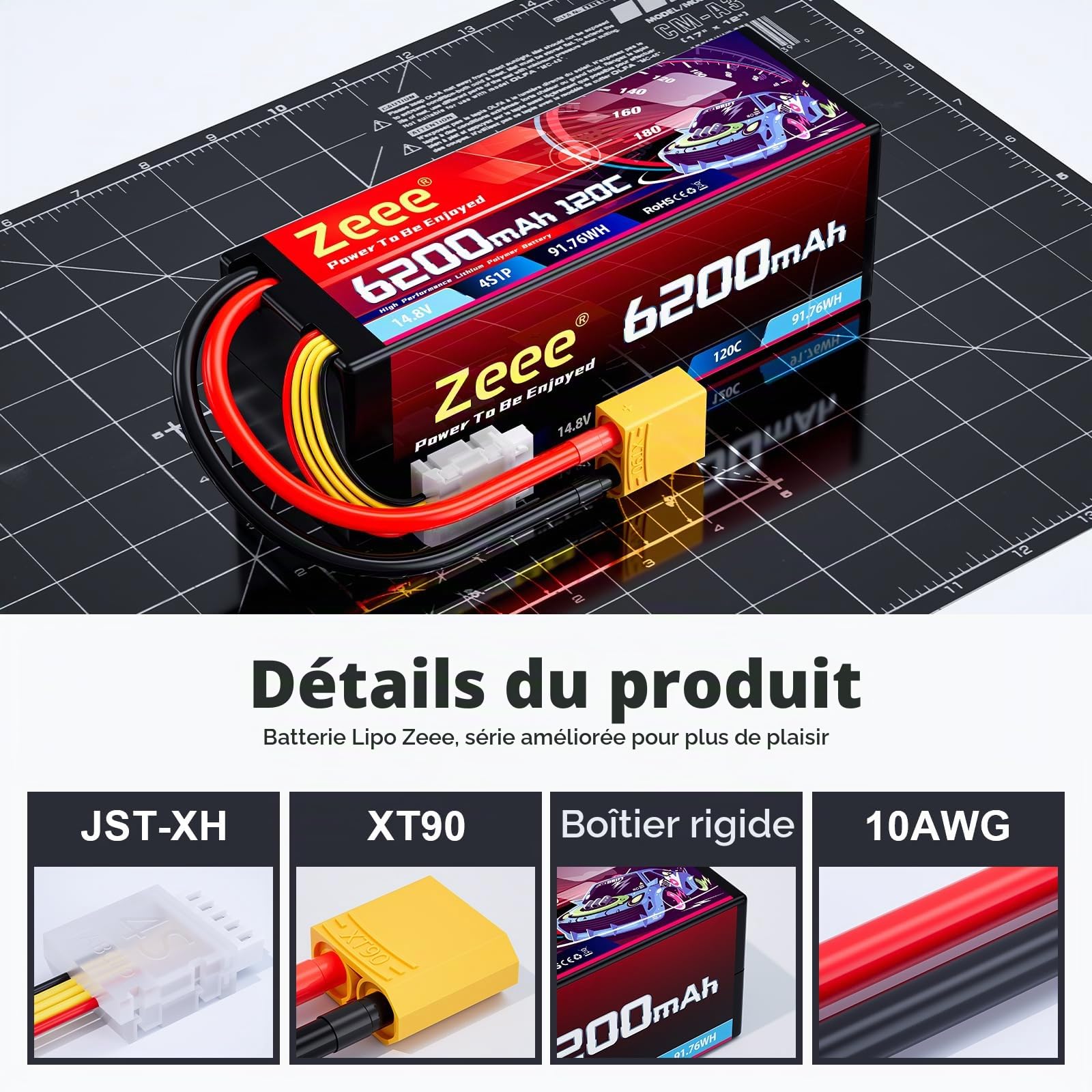 Zeee 4S Lipo 6200mAh 14.8V 120C Hardcase avec Prise XT90(2 Paquets)