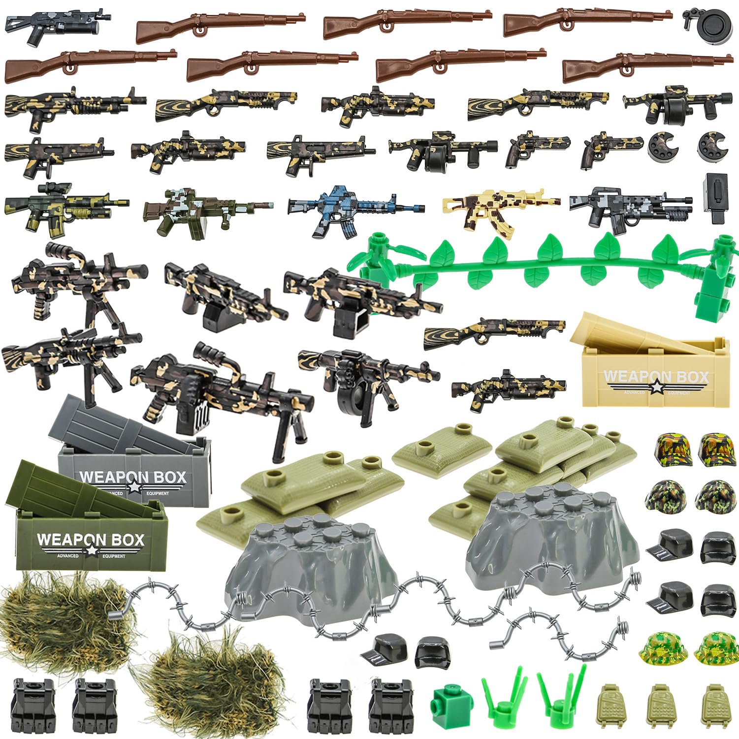 BrickBounty96 pcs Guns-Weapon-Packs for Major Brand Building Block, Vest-Barricade Modern Army Equipment Set for Bricks-Soldier Minifigures WW2 Military Bases Rangers AMMO.