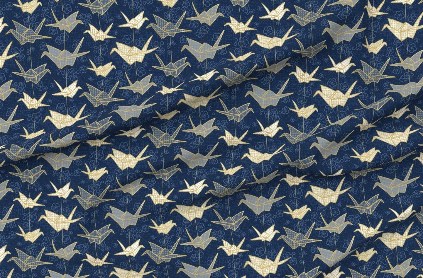 Spoonflower Fabric - Luck Cranes Origami Japanese Crane Peace Gold Cherry Blossom Japan Printed on Organic Cotton Sateen Fabric by The Yard - Sewing Quilting Apparel Home Decor