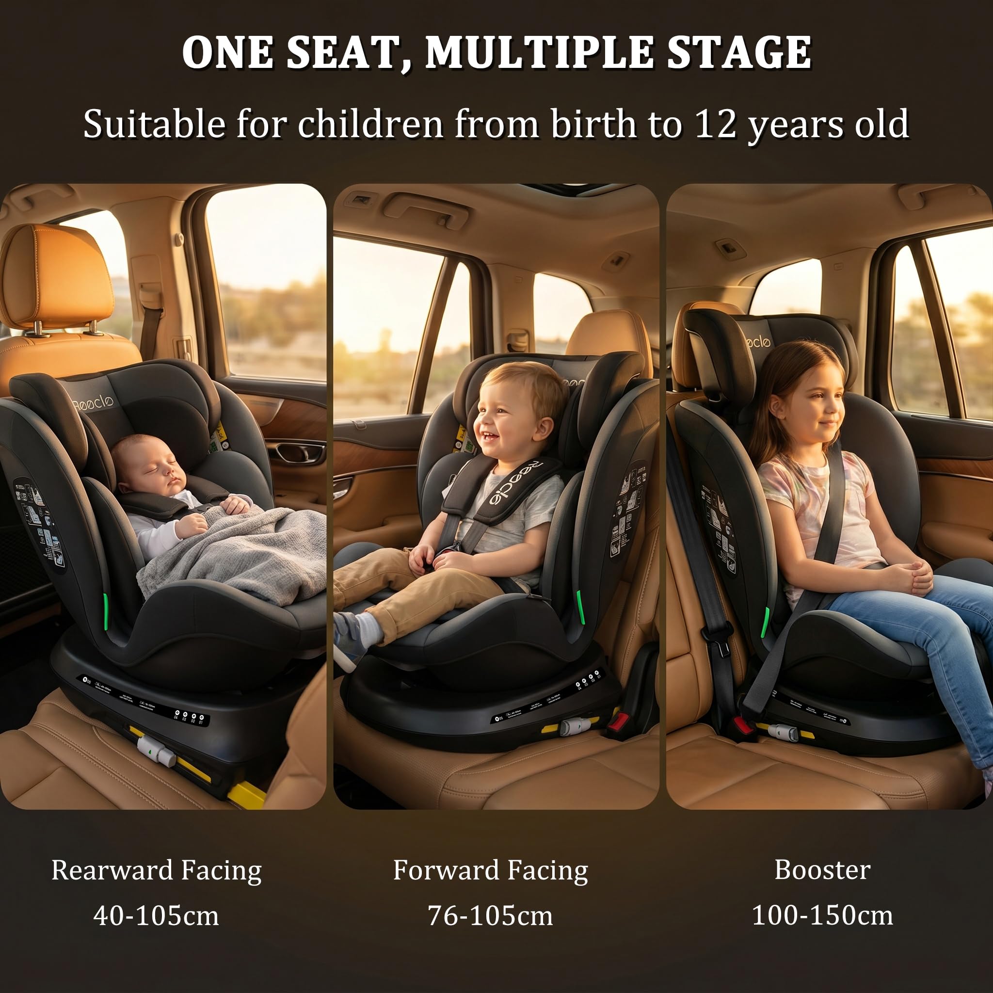 Reecle Kindersitz 360 i-Size Autositz 40-150 cm 360 Grad drehbar ISOFIX Schwarz