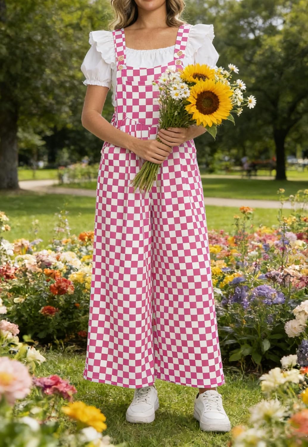 IWOLLENCE Women's Loose Checkered Overalls Wide Straight Leg Jumpers and Rompers Y2K Sleeveless Jumpsuits with Pockets - Image 5