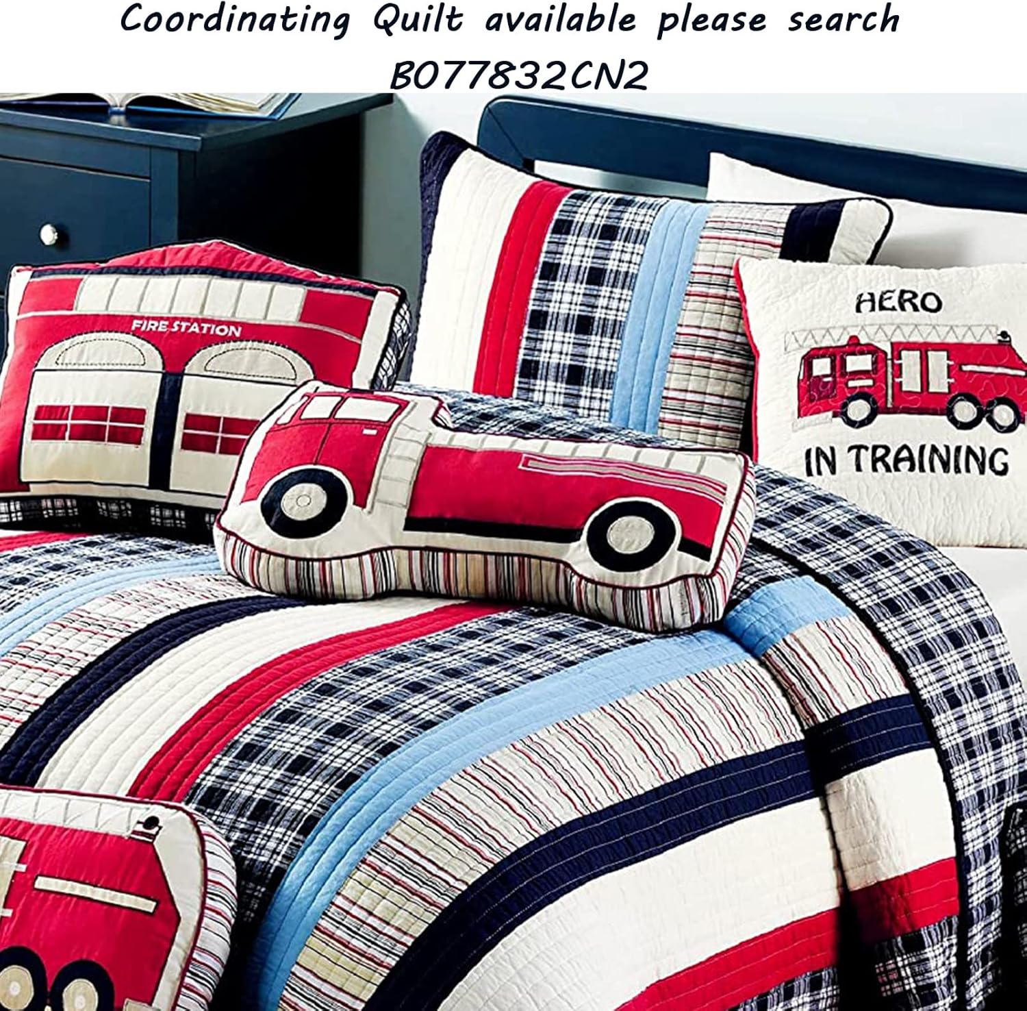 Cozy Line Home Fashions Fire Station Throw Pillow, Red White Embroidered Print Pattern Cotton Decorative Pillow for Kid Boys (Fire Station, Decor Pillow - 1 Piece)