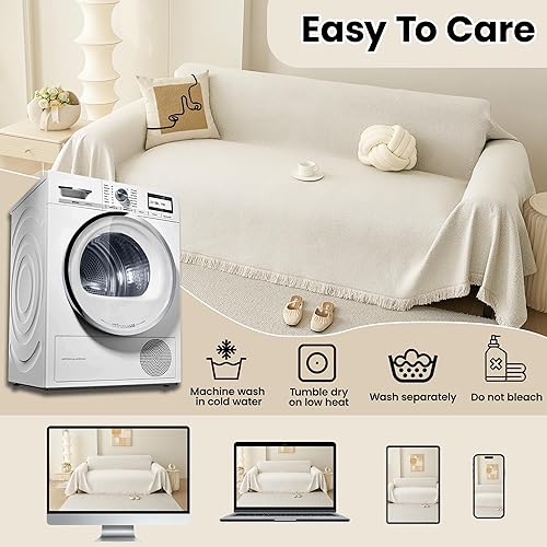 Miniatura 7 de Funda bohemia lavable, resistente al agua y a las manchas, para sofá de 2 cojines, color beige liso, apta para mascotas, funda súper elástica para