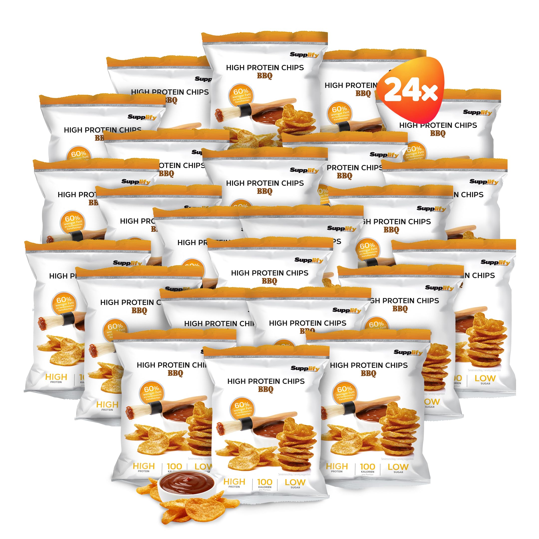 Supplify 24 x 50 g Chips Altos en Proteína (Veganas, Sabor BBQ), Chips Proteicos Bajas en Carbohidratos y Calorías, Alternativa Fitness