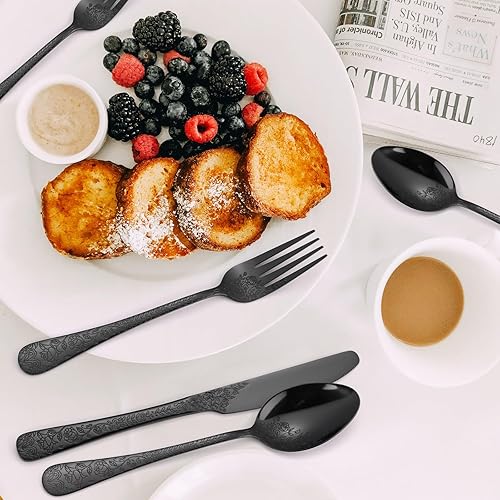 Miniatura 3 de Juego de cubiertos florales negros para 6 cubiertos de acero inoxidable, 30 piezas, cubiertos únicos para comer, vajilla elegante, tenedor, cuchara,