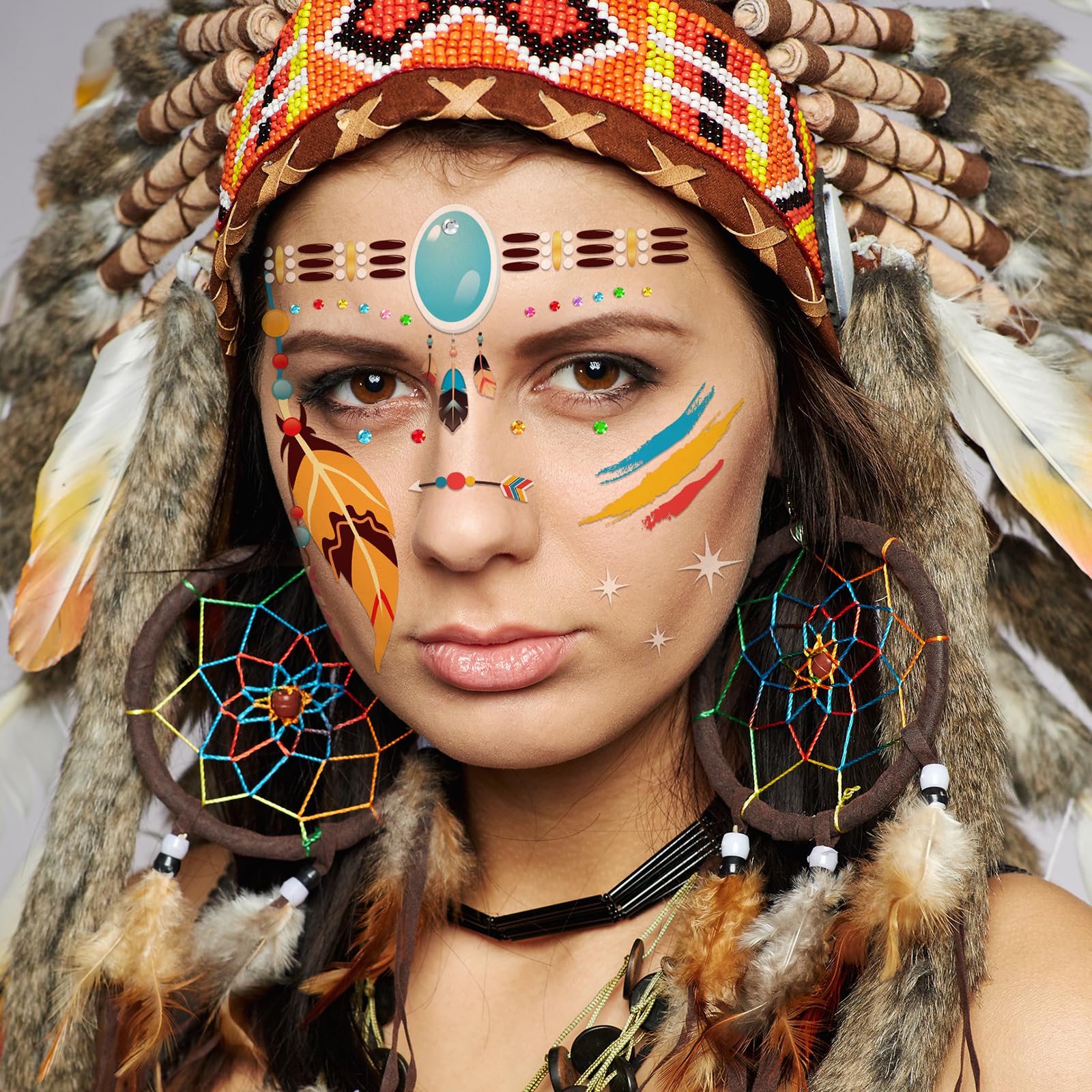 DPKOW Indian Face Tattoos, Indian Temporary Tattoos Stickers with Face Gems, Fake Tattoos for Indian dresses Accessories for Women - Image 3