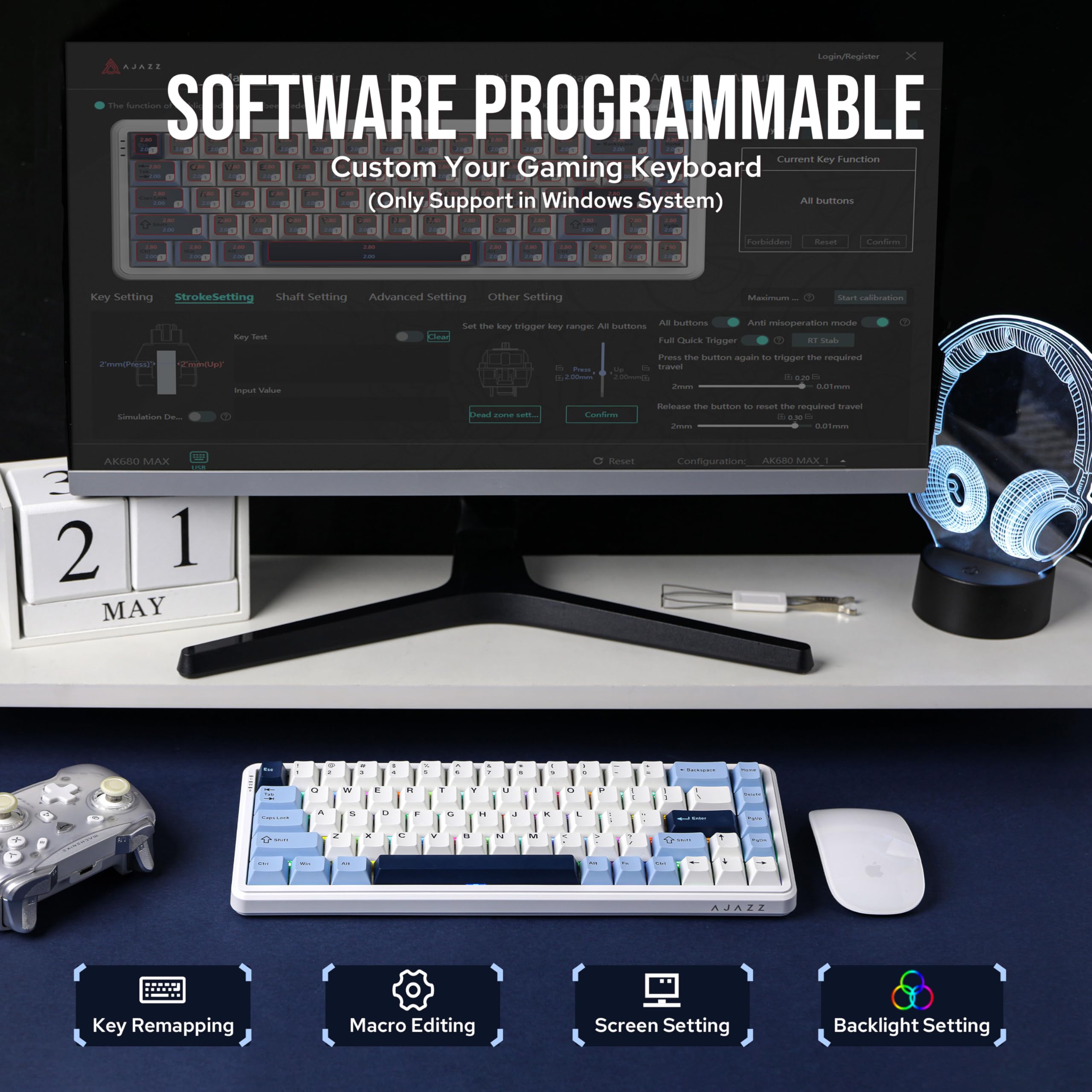 MechLands AK680 MAX 3 modalità Wireless Gaming Keyboard, frequenza di polling 8K, Rapid Trigger Magnetic Keyboard con interruttore effetto hall, struttura top, RGB (bianco)