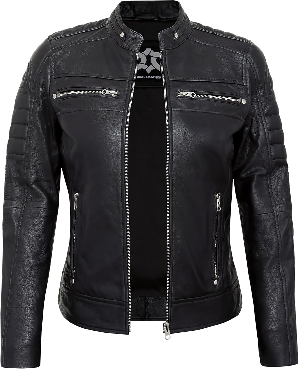 Leather Jackets For Women - Quilted Cafe Racer Style Real Lambskin Womens Leather Jacket - Image 2