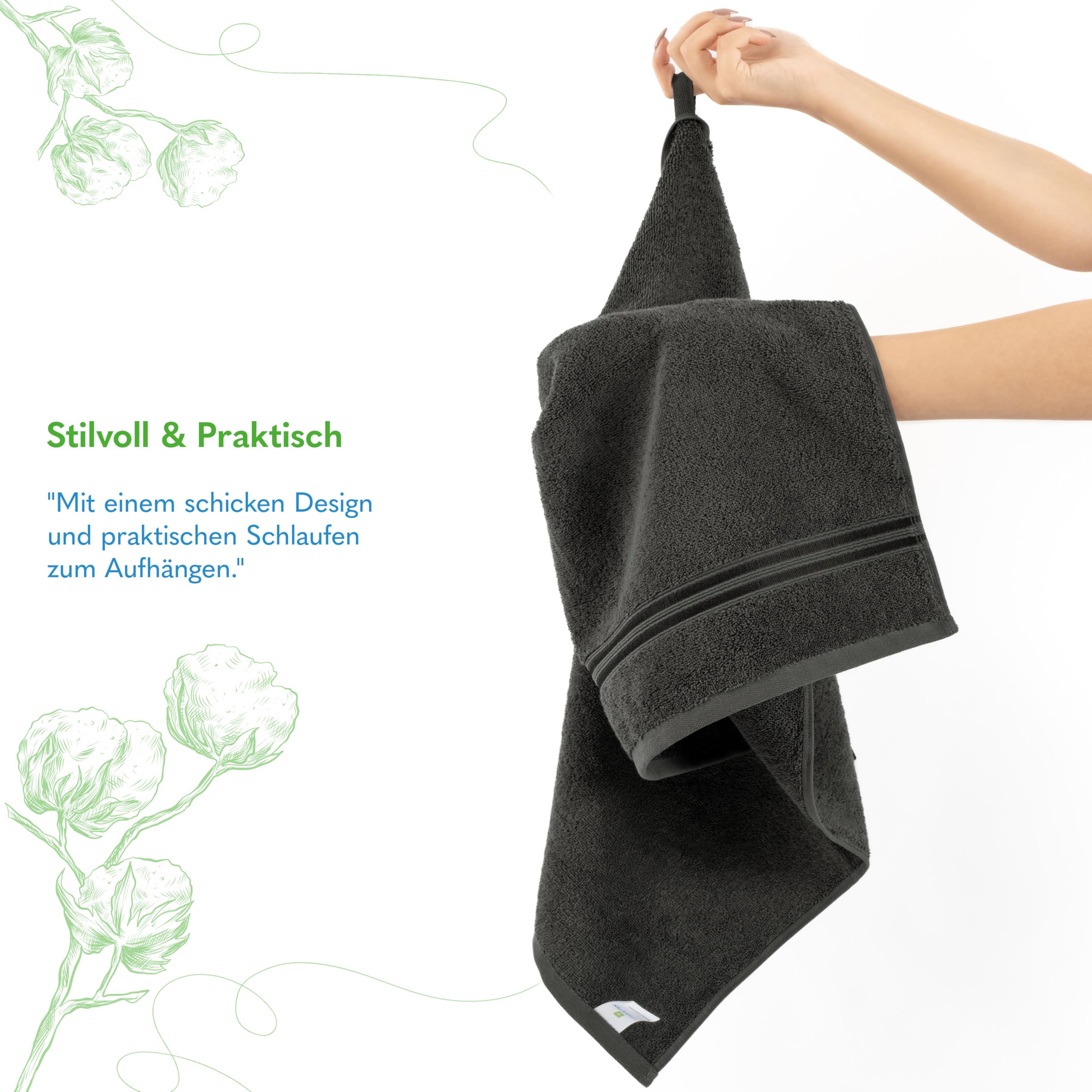 Hammetex 6er Handtücher Set – 2 Badetücher 70x140 cm & 4 Handtücher 50x100 cm – 100% Baumwolle Frottier – Oeko-TEX Zertifiziert – Weich, Saugstark - mit Aufhänge, Anthrazit