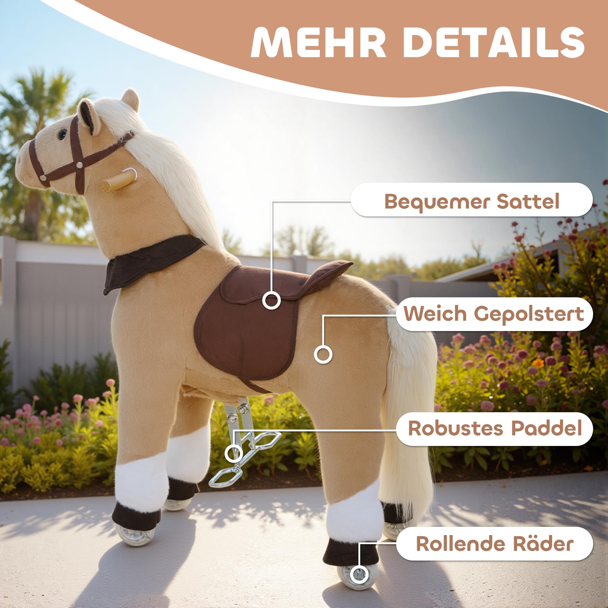 AIYAPLAY Reitpferd, Spielpferd zum Reiten mit Sattel Rollen, 80 cm Stehpferd, Plüschpferd für Kinder 3-5 Jahre, bis 25 kg, Braun