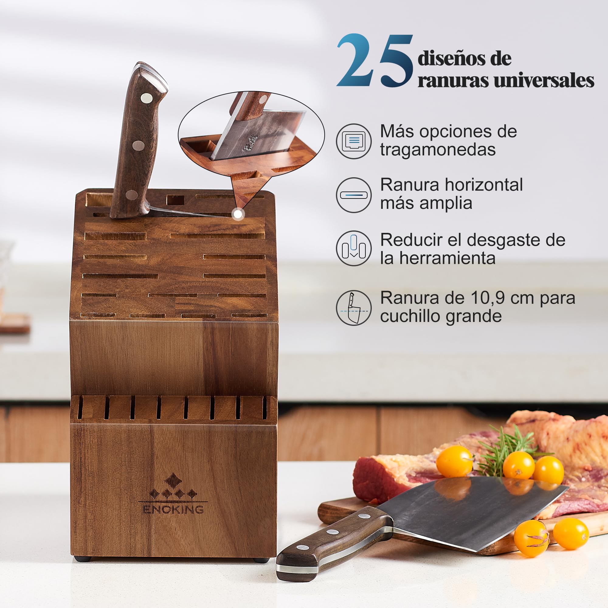 ENOKING Soporte Cuchillos Cocina, Porta Cuchillos Cocina de Acacia con 25 Ranuras Para Mostrador de Cocina, Soporte Cuchillos Para cuchillos y Tijeras para Aves/Acero Para Afilar