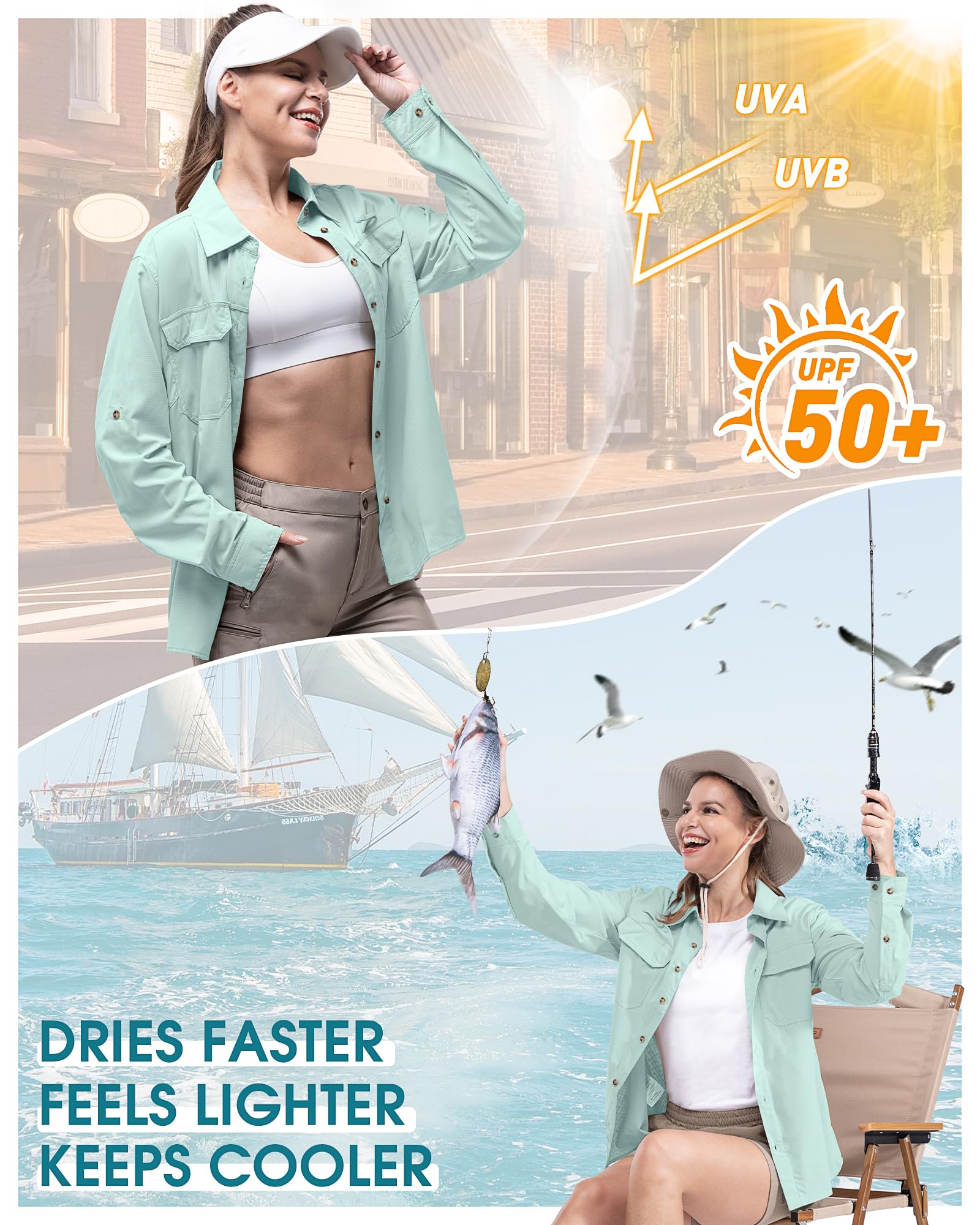 Camisa de mujer de 33,000 pies, protección UV UPF50+, secado rápido, manga larga, para pesca, safari, viajes, golf, verde claro, M