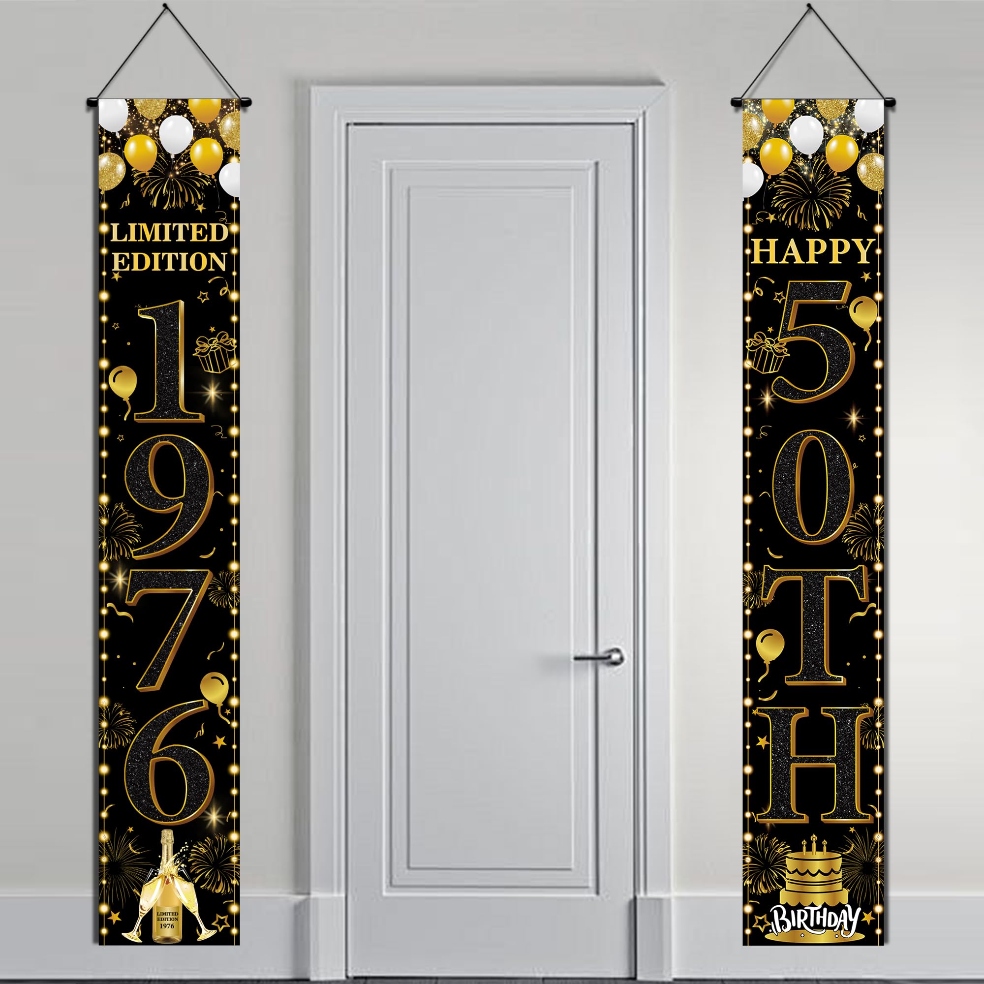 50th Birthday Decorations Door Banner - 2 Pcs Black Gold Banner Limited Edition 1976 and Happy 50th Birthday for Men Women 50 Year Old Party Decor Background Supplies, 180 x 30 cm