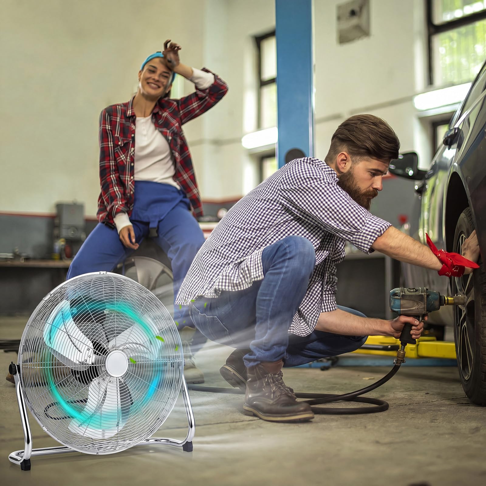 GYMAX Ventilador de Suelo, 160W φ57 cm Ventilador Industrial con 3 Velocidades, Inclinación Ajustable de 145°, Motor Potente, Aspas Metálicas, Alcance 6,5 m, Fan Silencioso de Metal para Garaje Taller