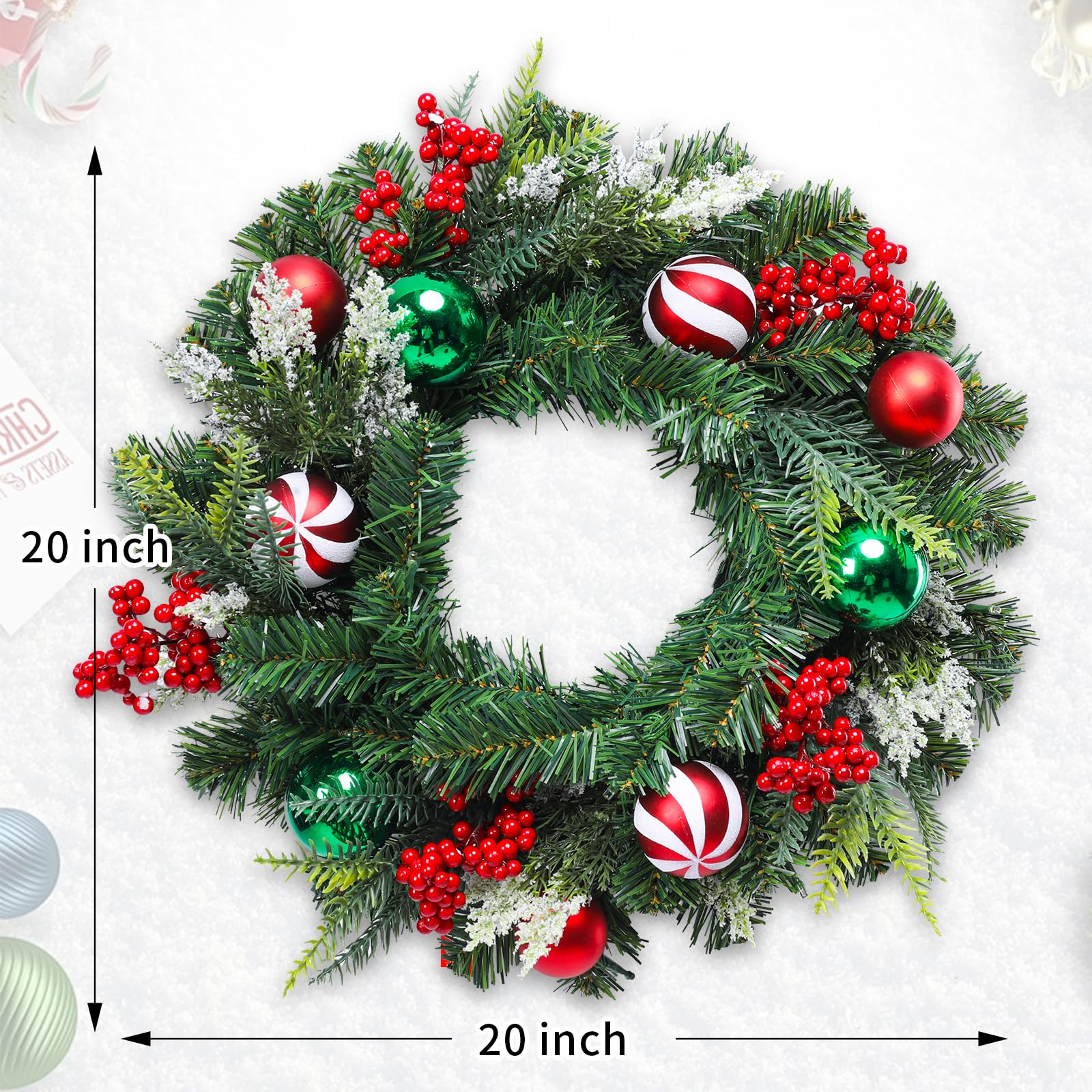 MUMTOP Couronne de Noël lumineuse de 50,8 cm avec boules de baies rouges, couronne de porte d'entrée à piles avec lumières LED pour décoration de la maison