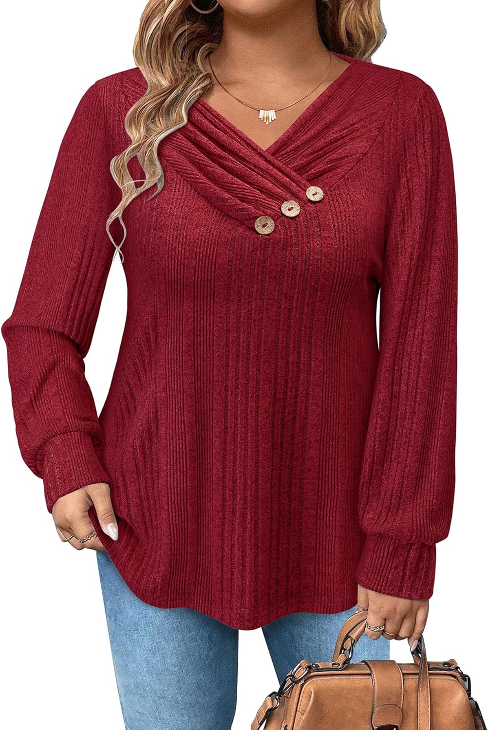 Siddhe Plus Size Womens Sweater Long Sleeve V Neck Tops for Women Button Casual Loose Knit Tunic Fall Winter XL-5XL