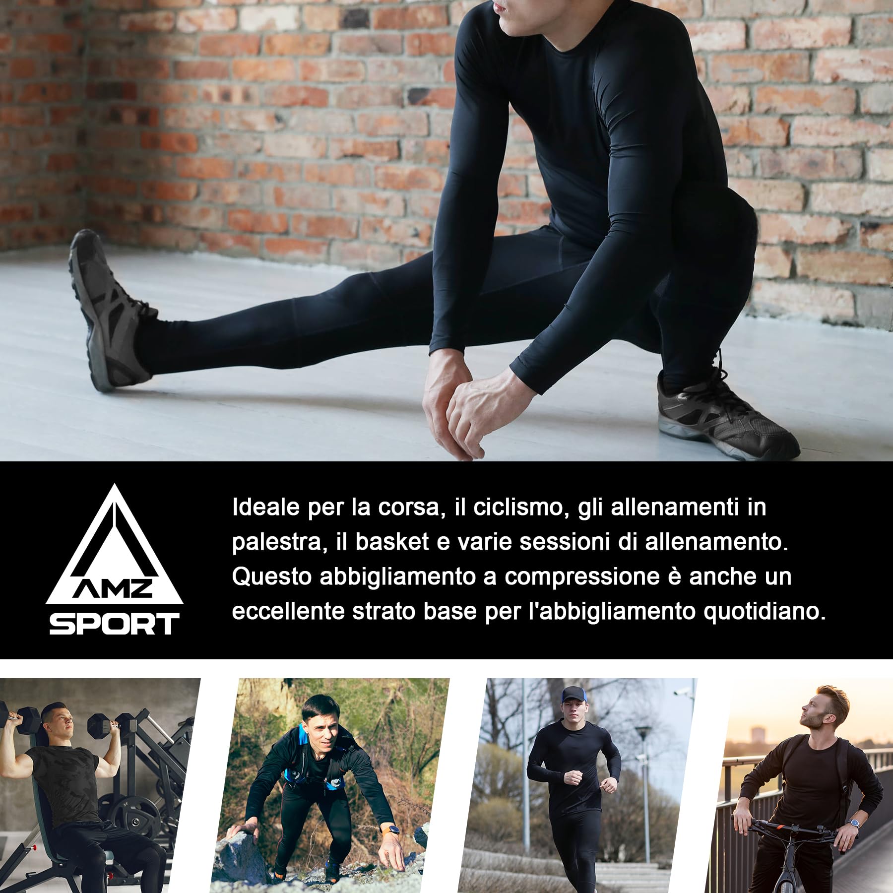AMZSPORT Confezione da 2 Pantaloni a Compressione Uomo, Lunghi e Traspiranti, Leggings Sportivi per Allenamento, Corsa, Fitness, Ciclismo, Basket e Palestra