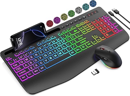 Miniatura 17 de Combo de teclado y mouse inalámbricos, 9 efectos retroiluminados, RGB, reposamuñecas ergonómico, soporte para teléfono, tamaño completo 2.4G