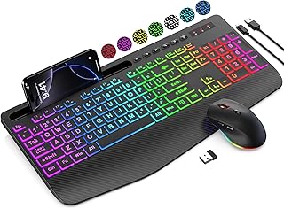 SABLUTE Combo de teclado e mouse sem fio, 9 efeitos retroiluminados, impressão grande, descanso de pulso, suporte de telefone, teclados ergonômicos sem atraso de 2,4 G, recarregável, fácil de ver,