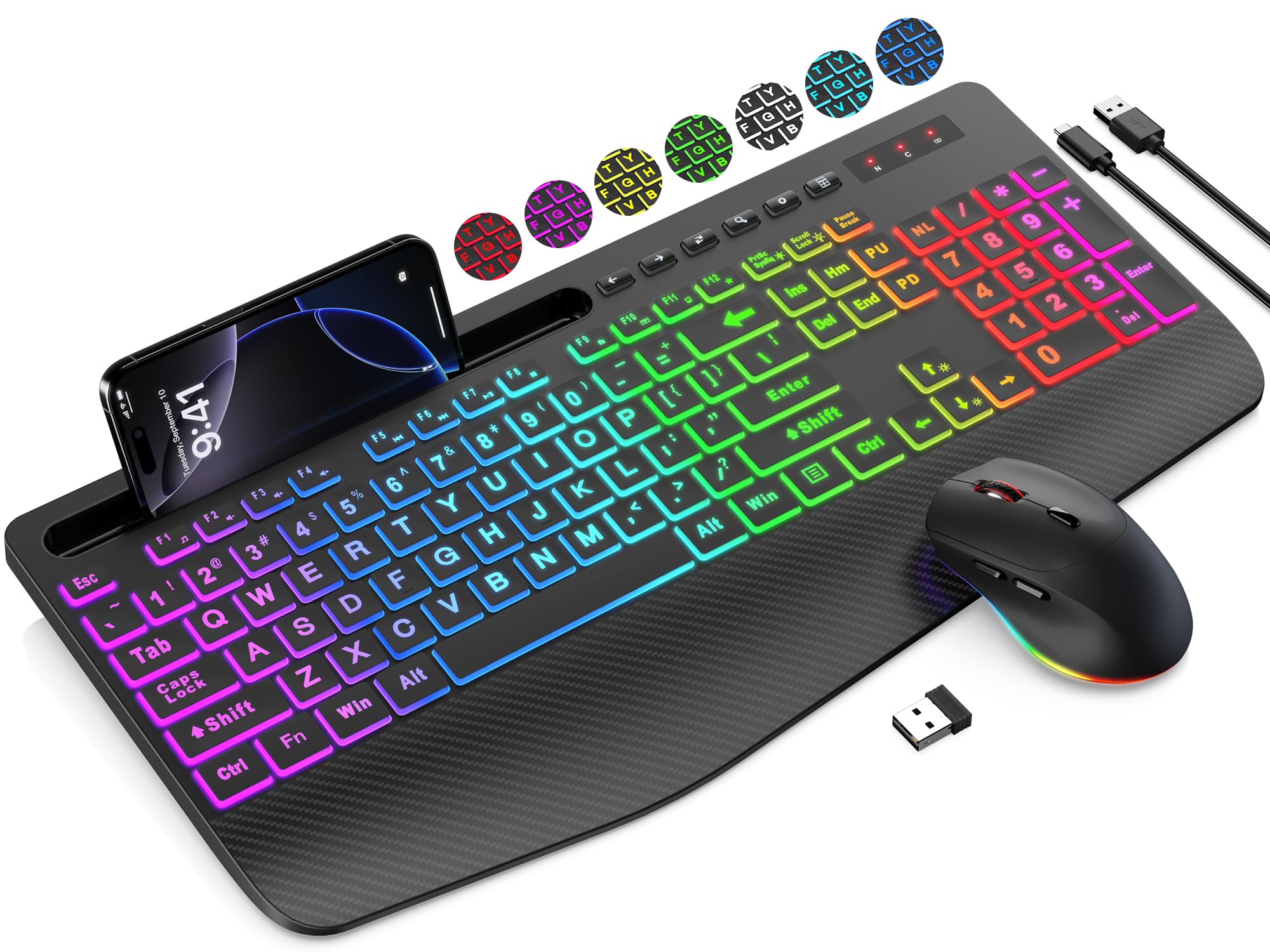 SABLUTE Wireless Keyboard and Mouse Combo, 9 Backlit Effects, Large Print