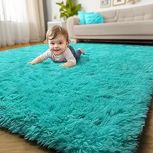Amdrebio Blue Area Rugs for Bedroom, Fuzzy Fluffy Furry Rug 5x8 for Living Room, Cute Plush Shaggy Carpet for Kids Teen Girls Boys, Baby Light Turquoise Teal Rugs for Nursery Playroom Classroom Dorm