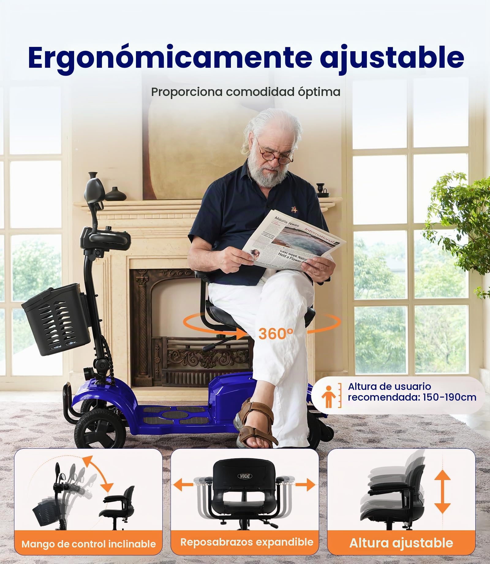 VOCIC D42 Movilidad scooter plegable 135KG, 20KM Scooter de movilidad | 4 ruedas Estable para personas mayores con Neumáticos Antipinchazos para todo terreno,apoyo 5 Años| Azul
