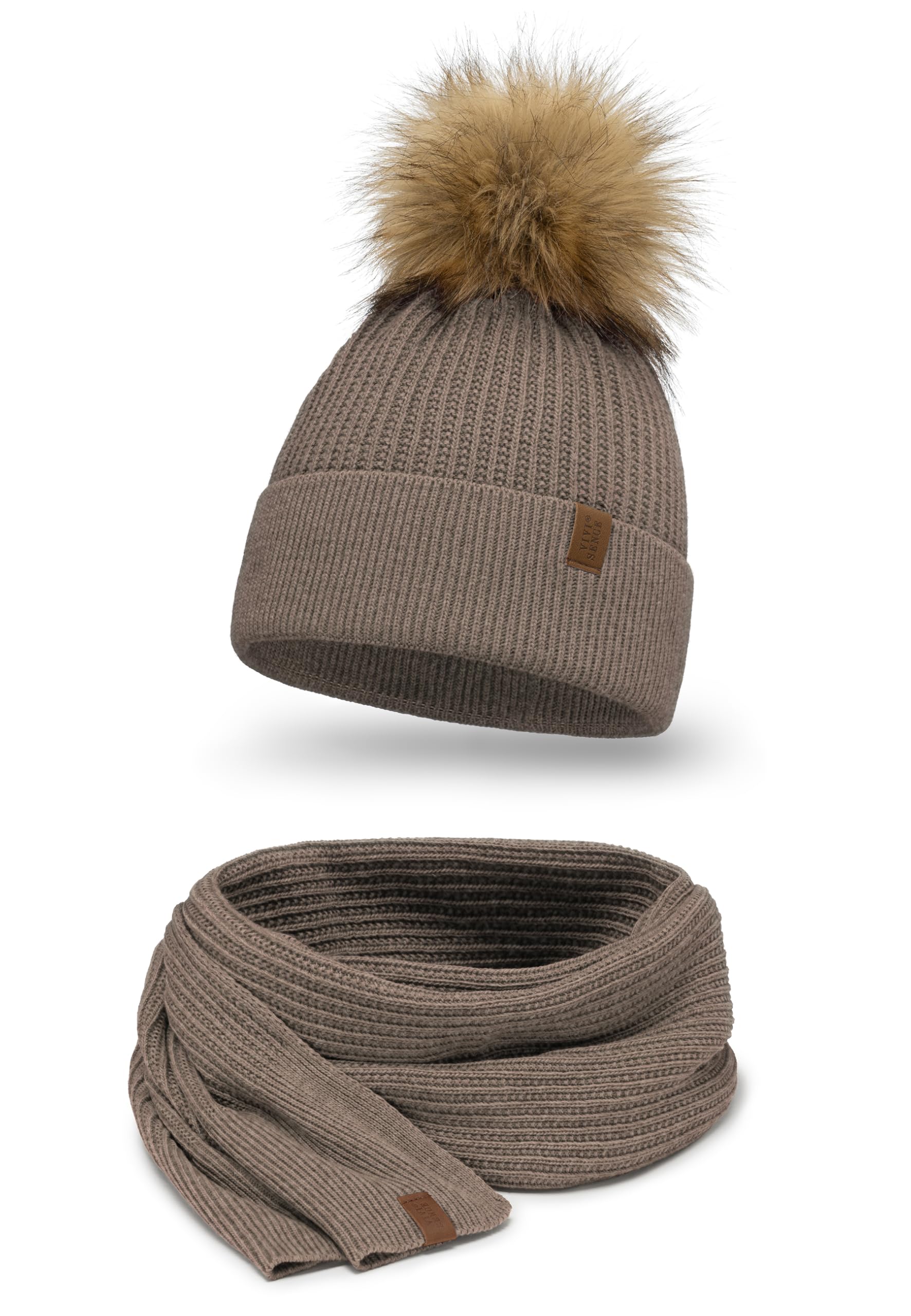 VIVISENCE Bonnet pour Femme Automne Et Hiver Classique Et Élégant avec Pompon en Fausse Fourrure Doux Antistatique Parfait pour Les Jours Froids Et comme Cadeau 7042
