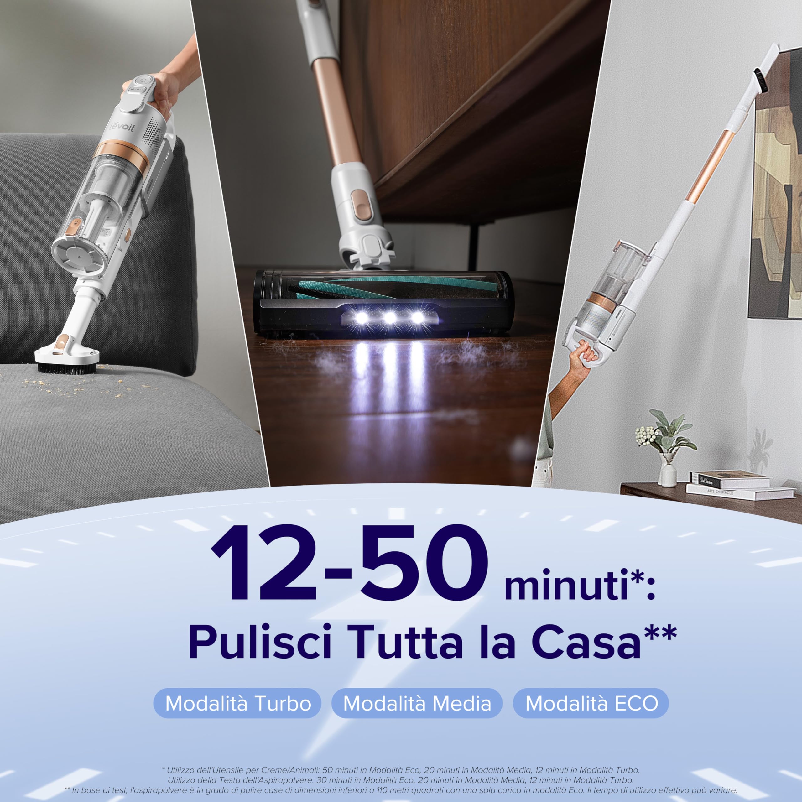 LEVOIT Aspirapolvere Senza Fili con Tecnologia Antigroviglio, 3 Modalità, 12-50 Minuti, Filtrazione al 5 Stadi, Scopa Elettrica Senza Fili con 3 Spazzole, per Peli, Pavimento, Auto, Oro Rosa