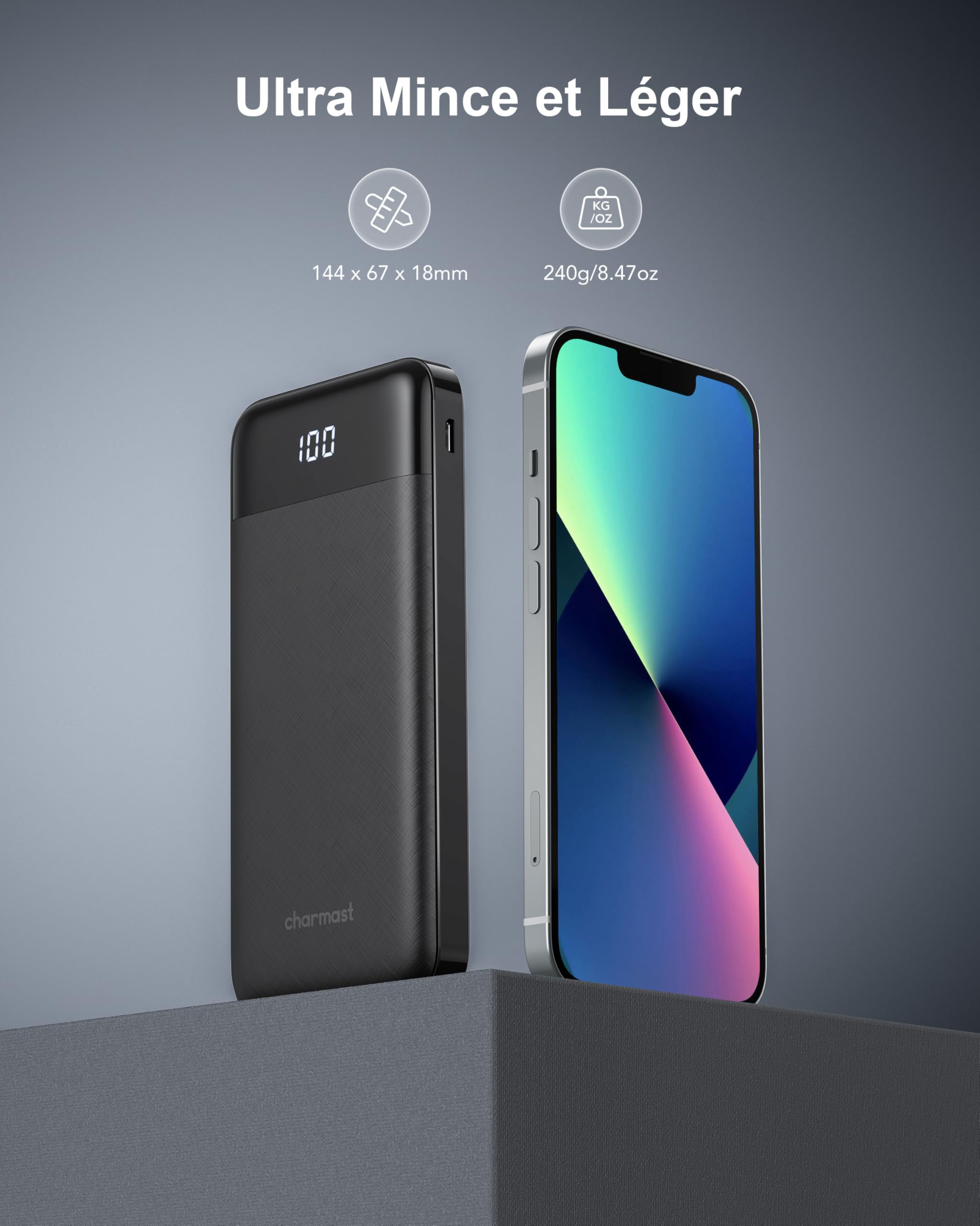 Charmast Batterie Externe, 10000mAh Power Bank avec 4 Câbles Intégrés, USB C Mince Batterie Portable Compatible avec iPhone 17/16/15, AirPods, iPad, Samsung etc