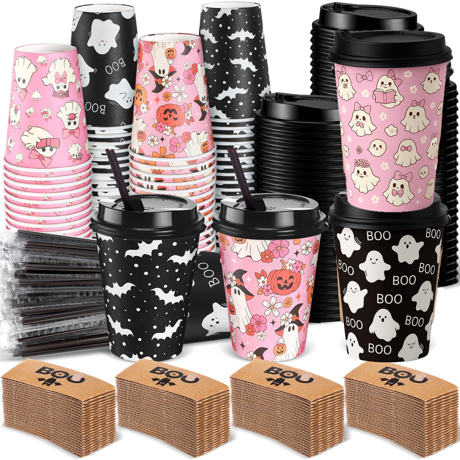 Lallisa 100 Sets 12 oz Halloween Disposable Coffee Cups with Lids and Sleeves Straws, Hot Coffee Paper Cups for holiday Party Drinks Supplies(Cute Ghost)
