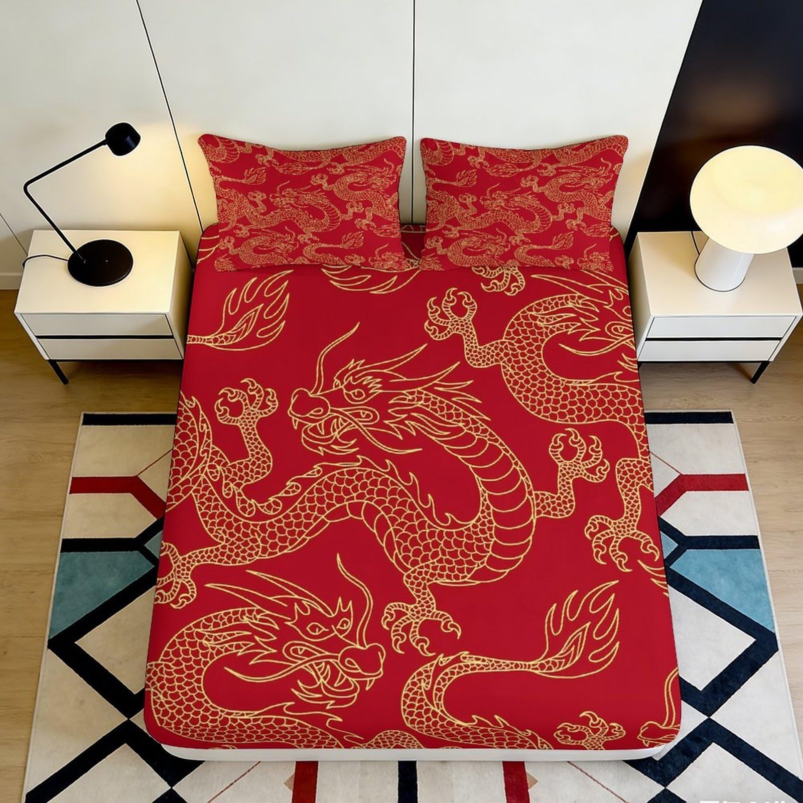 3D Printed Red Dragon Fitted Sheet Microfiber Soft Anti-Slip Chinese Myth Mattress Cover for Bedroom Dorm Decoration 90x200x25cm