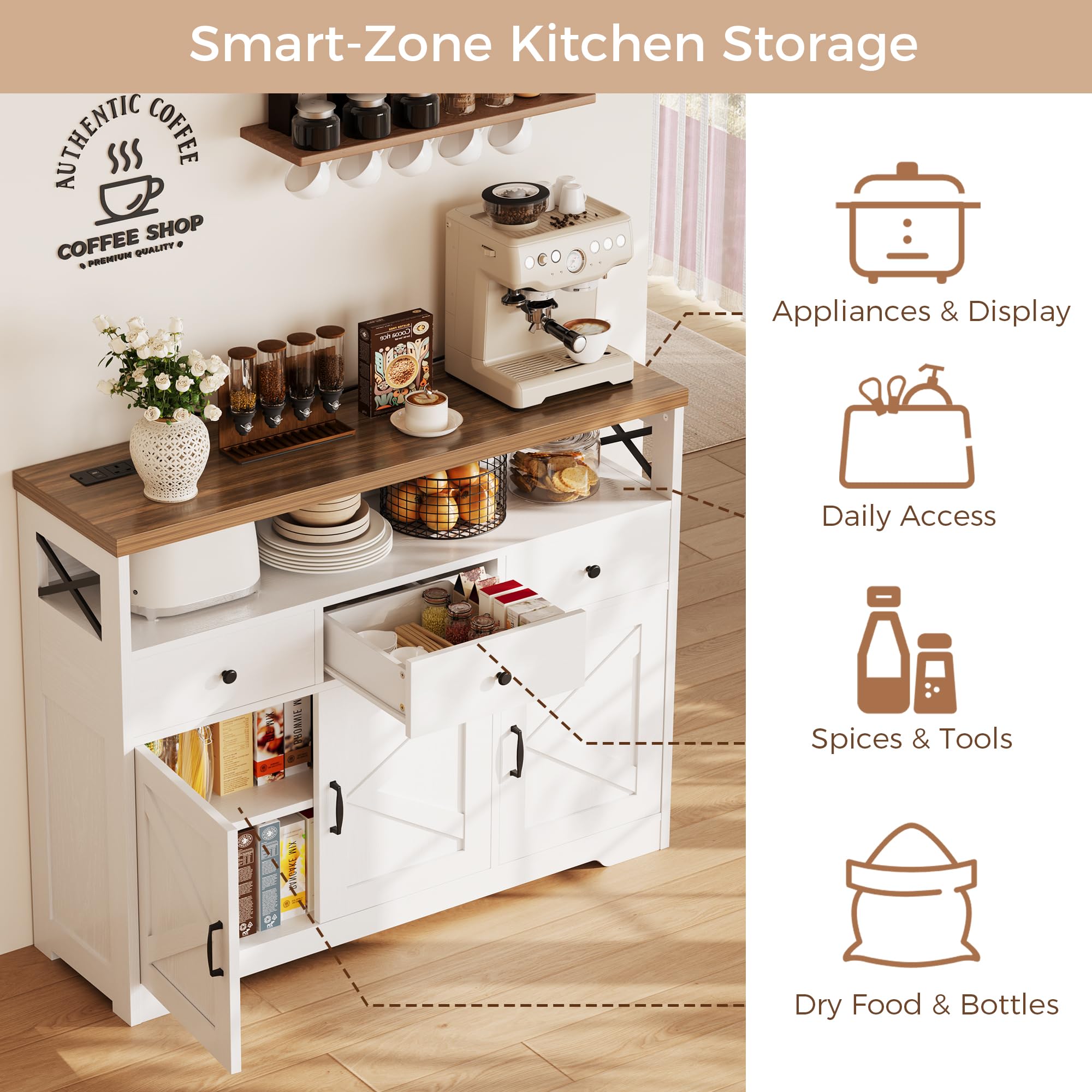 IRONCK Credenza, mobile da cucina con prese di corrente 2AC+1USB+1C, armadio portaoggetti 3 cassetti 3 ante, tavolo da buffet per soggiorno, cucina, corridoio, sala da pranzo, ripiani regolabili, 107