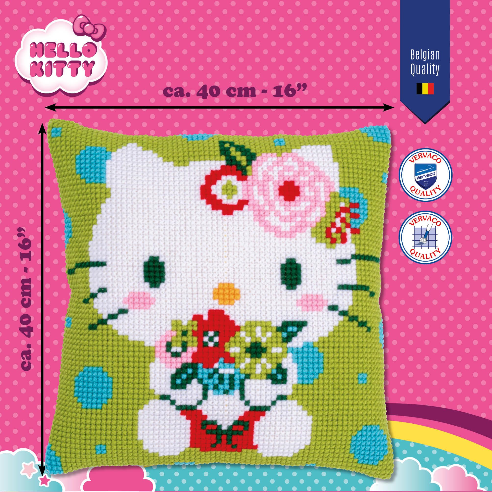 Vervaco Kit Cuscino Punto Croce HELLO KITTY VERDE FLOREALE Set Ricamo Principianti Cuscini Gobelin Decorativi ca. 40 x 40 cm Accessori Per Lavoretti Creativi DIY Casa Decor Hobby Adulti Cross Stitch