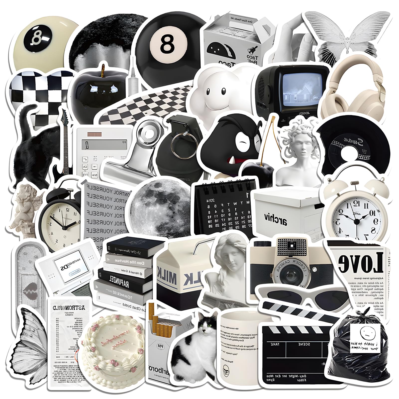 ONEWEST 61 Hojas Pegatinas Scrapbooking,Blanco y Negro Simple Pegatinas Vintage,resistente al agua Cromos Troquelados,Para Agenda/Ordenador/Funda De Teléfono/Libro/Carpeta