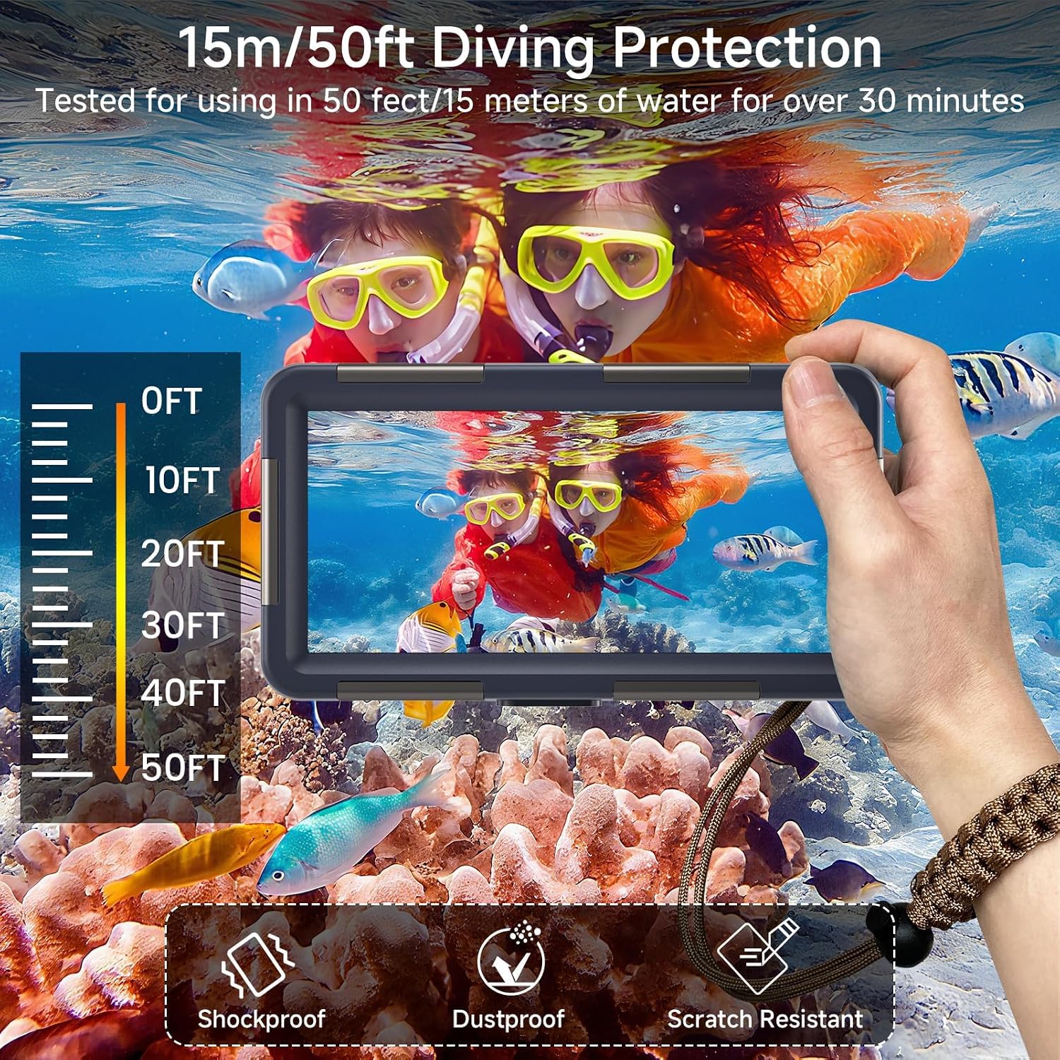 Coque de téléphone sous-marine pour plongée avec tuba, 50 pieds/15 m, étui de téléphone étanche professionnel pour iPhone 17-8 Plus/Pro/Pro Max, Galaxy S10-S25 Plus/Ultra, photo vidéo sous-marine (ne