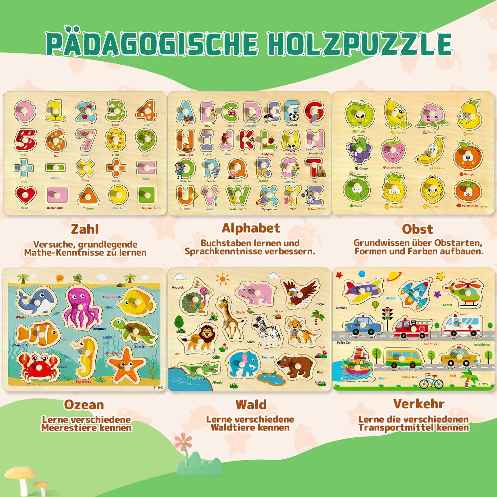 Hölzerne Steckpuzzle für Kleinkinder 2-4, 6 Pack pädagogische Peg Puzzles Montessori Spielzeug, Lernen Puzzles für Kinder Mädchen Jungen 1-3 3-5 mit Alphabet Zahl Tier Fahrzeug Form