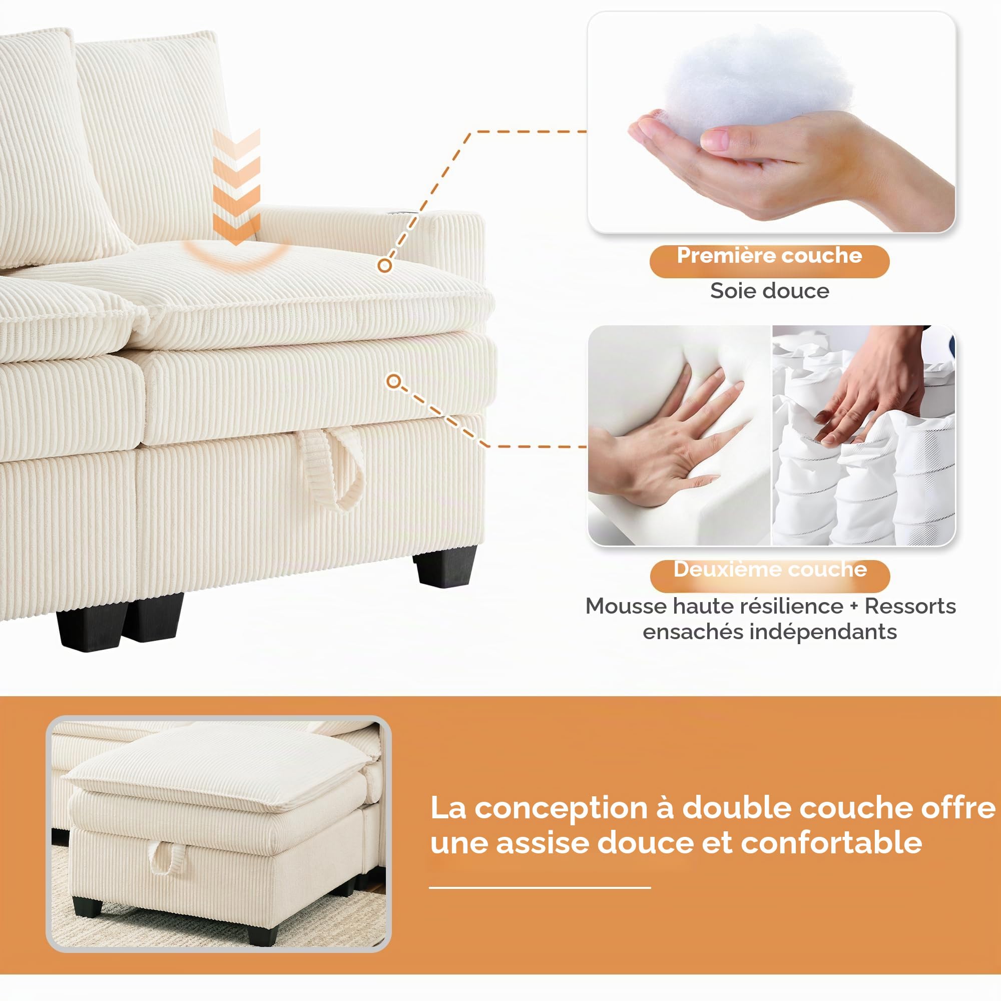 Canapé d’Angle Modulable en L/U 280 cm, 6 Places avec Repose-Pieds Amovible, Rangement, Porte-gobelet,Canapé Profond pour Salon, Meuble de Salon Moderne,canapé Convertible,Beige