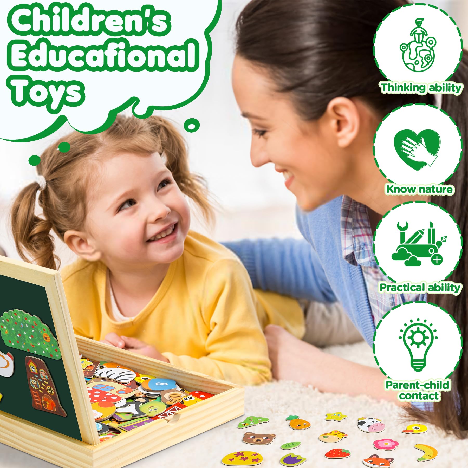 Jojoin 130 Pezzi Puzzle in Legno Magnetico - 2025 Nuovo Giocattolo Montessori con Doppio Lato Magnetico | Modello di Frutta Animali Carini - Giocattolo Educativo Bambino 3 Anni Di Più