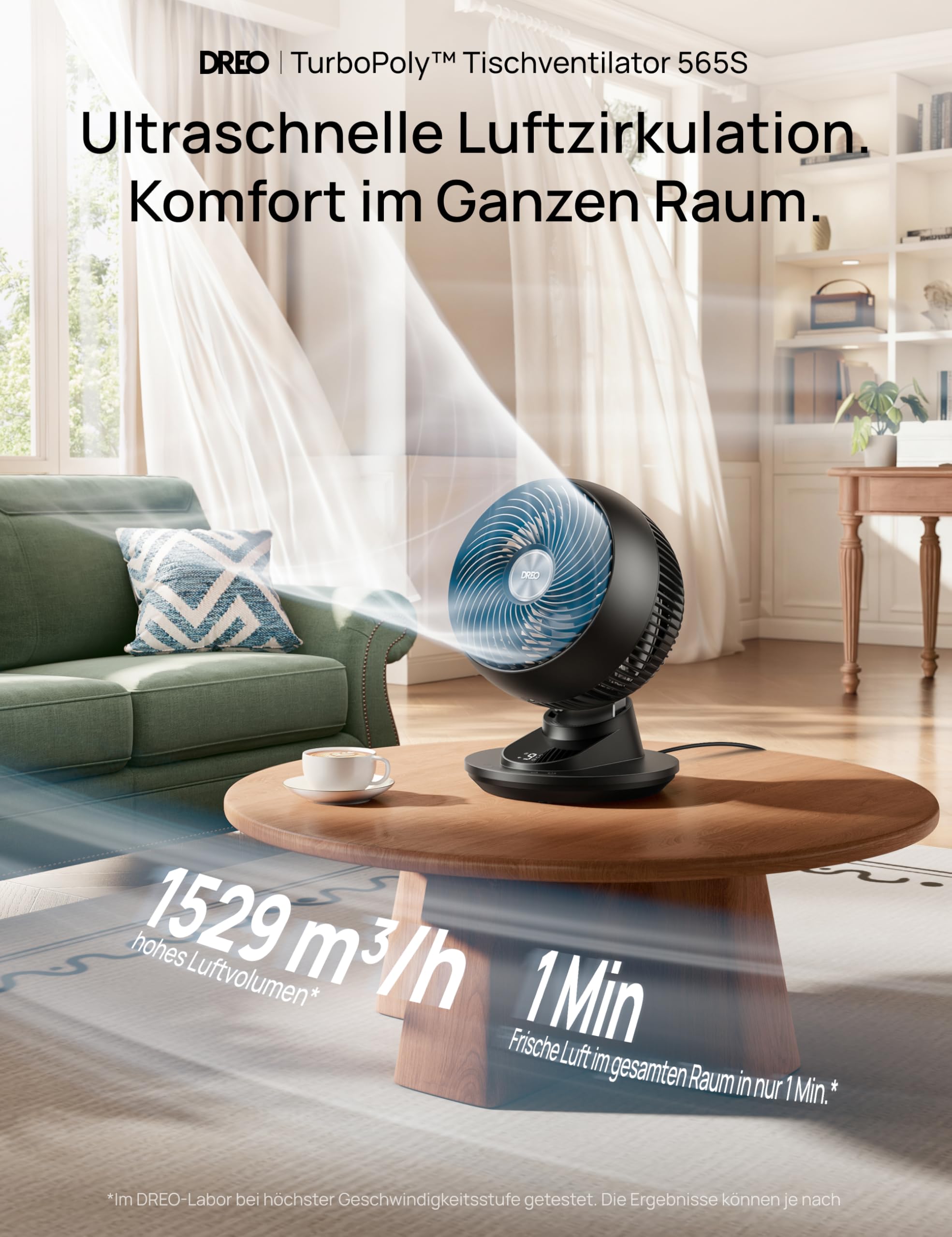 DREO 3D Tischventilator, leise 22 dB, 8,8 m/s starker Luftstrom, 90° Oszillation, App & Sprachsteuerung, 9 Stufen, 8/12h Timer
