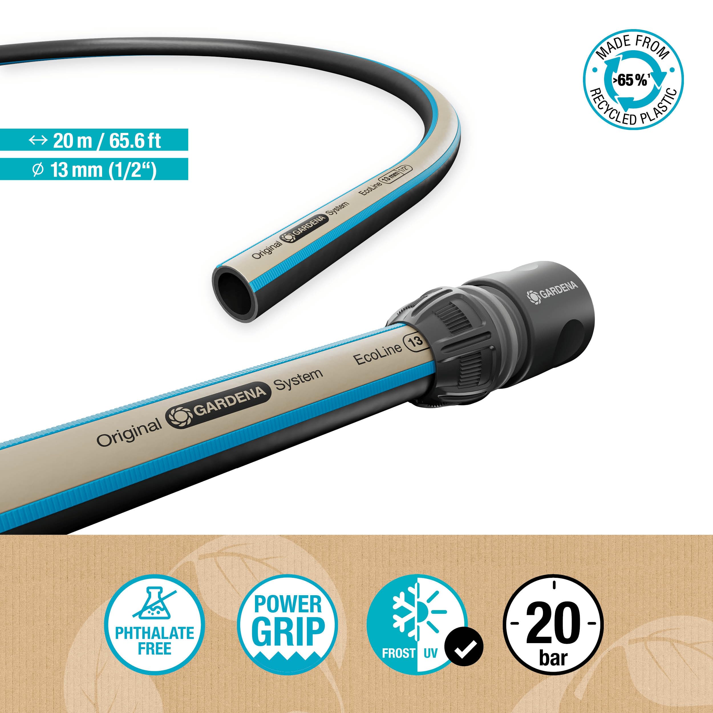 Tuyau Gardena EcoLine 1/2", 20 m sans pièces de système : tuyau d'arrosage durable en plastique recyclé, sans phtalates ni polluants, fonction Power Grip, résistant au gel et aux UV (18930-20)