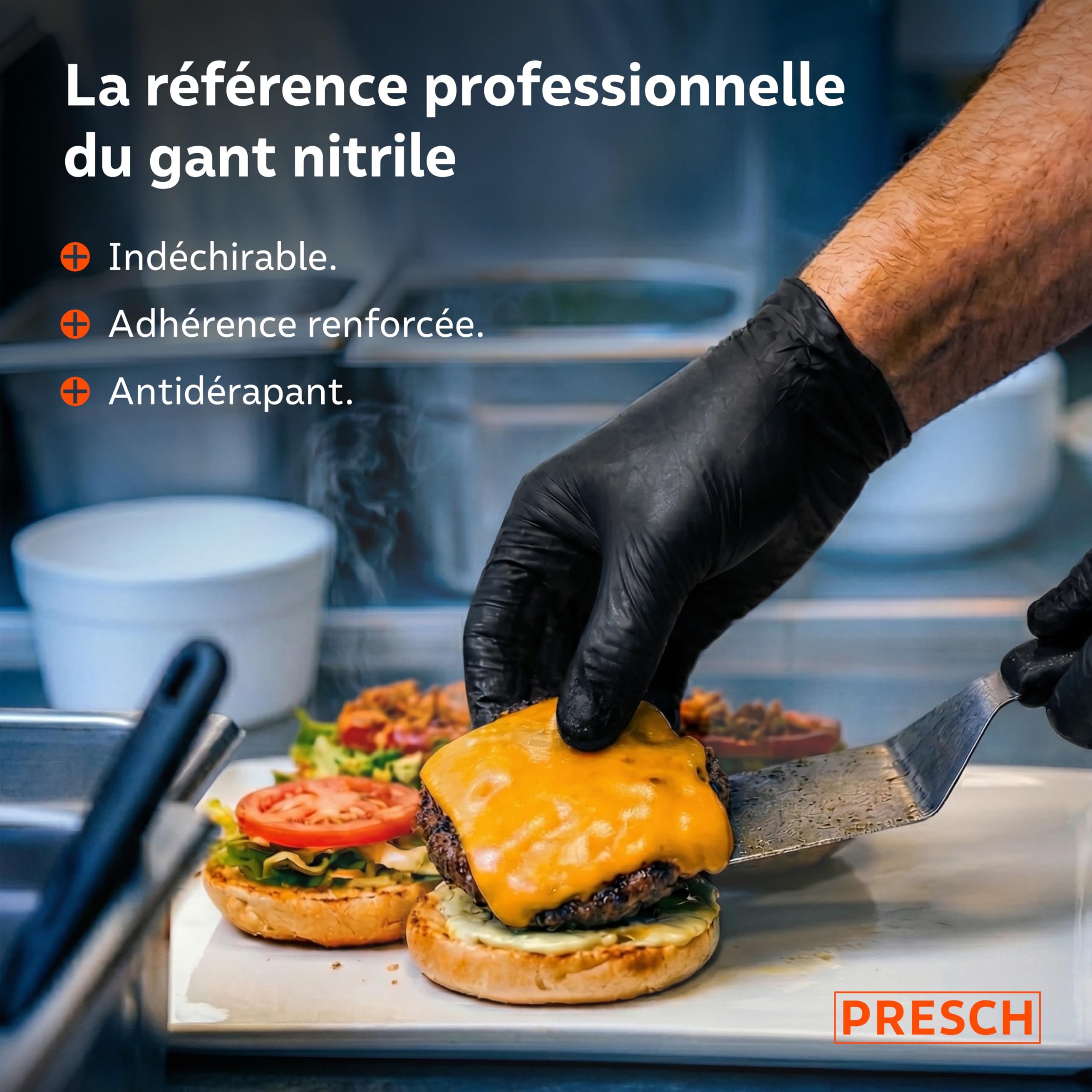 PRESCH Gants Jetables Noir 100 pc (L - 9) - Gants en nitrile avec bouts de doigts texturés - Sans latex et poudre - Résistant aux déchirures grâce à son bord roulé renforcé