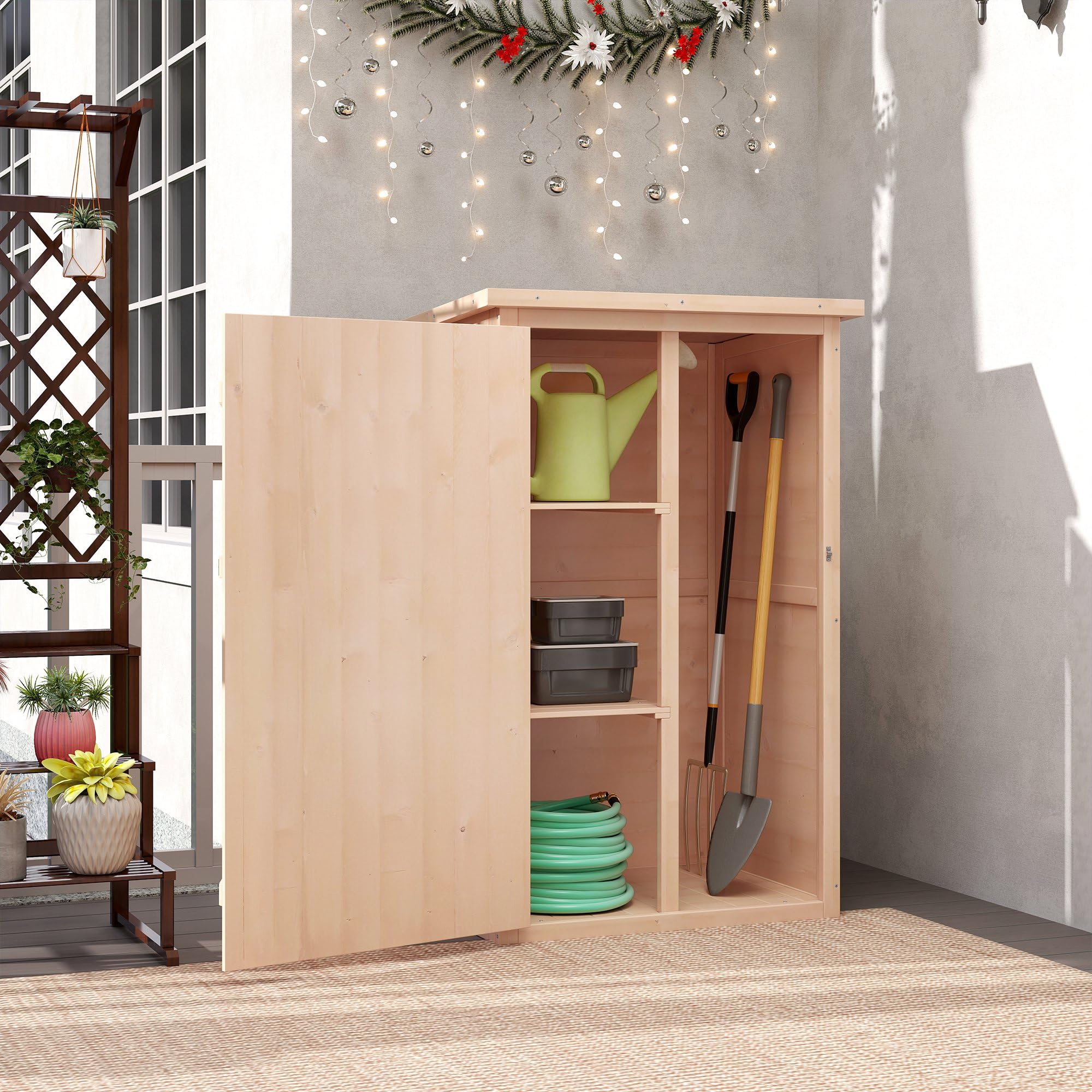 Outsunny Caseta de Jardín de Madera 75x56x115 cm Armario Cobertizo de Exterior para Herramientas con 3 Estantes Interiores Puerta con Pestillo y Techo Asfáltico Natural